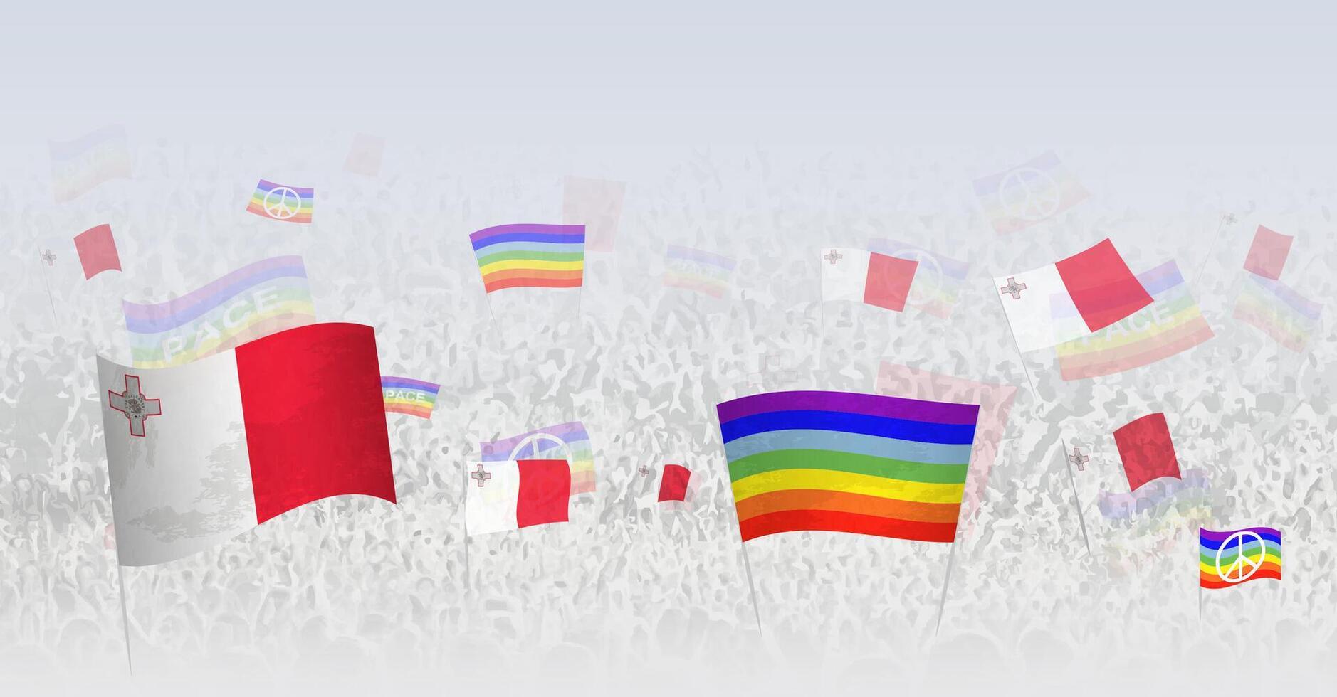 People waving Peace flags and flags of Malta. Illustration of throng celebrating or protesting with flag of Malta and the peace flag. vector