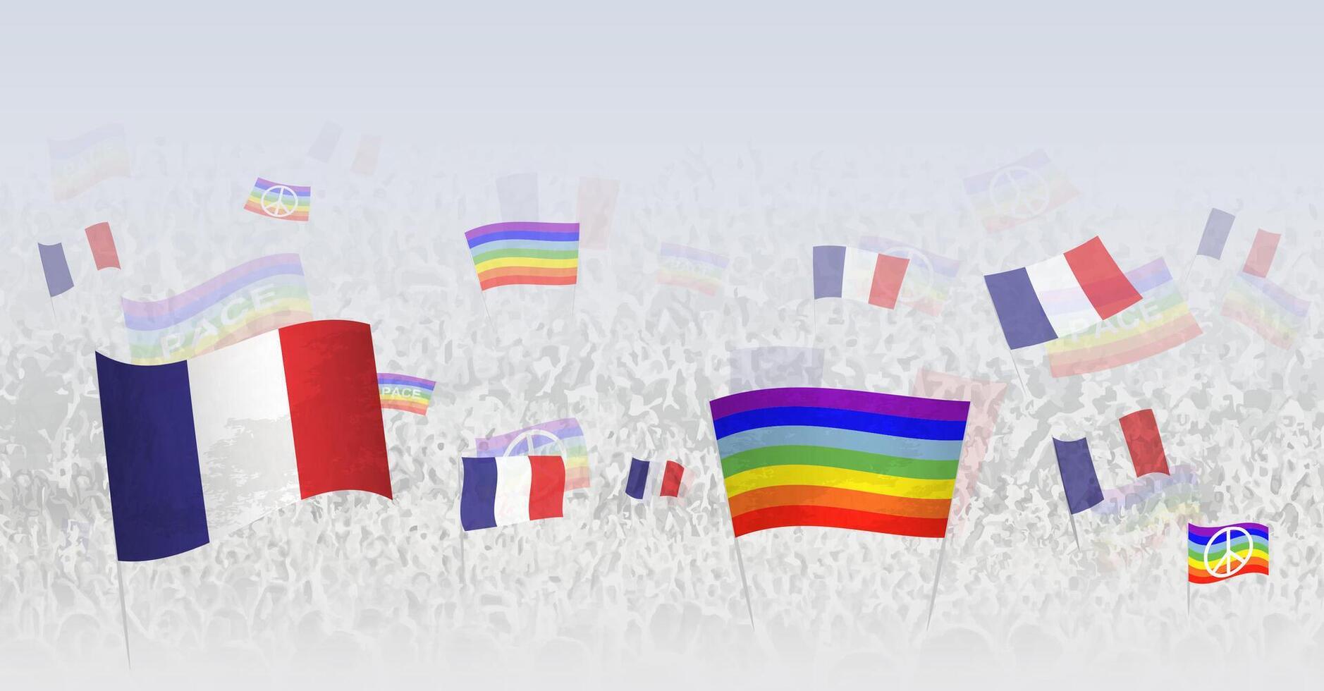 People waving Peace flags and flags of France. Illustration of throng celebrating or protesting with flag of France and the peace flag. vector