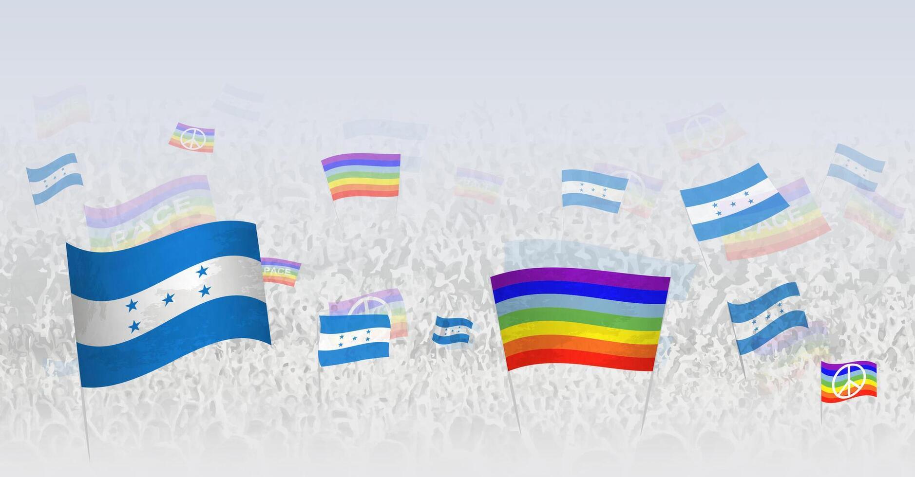 People waving Peace flags and flags of Honduras. Illustration of throng celebrating or protesting with flag of Honduras and the peace flag. vector