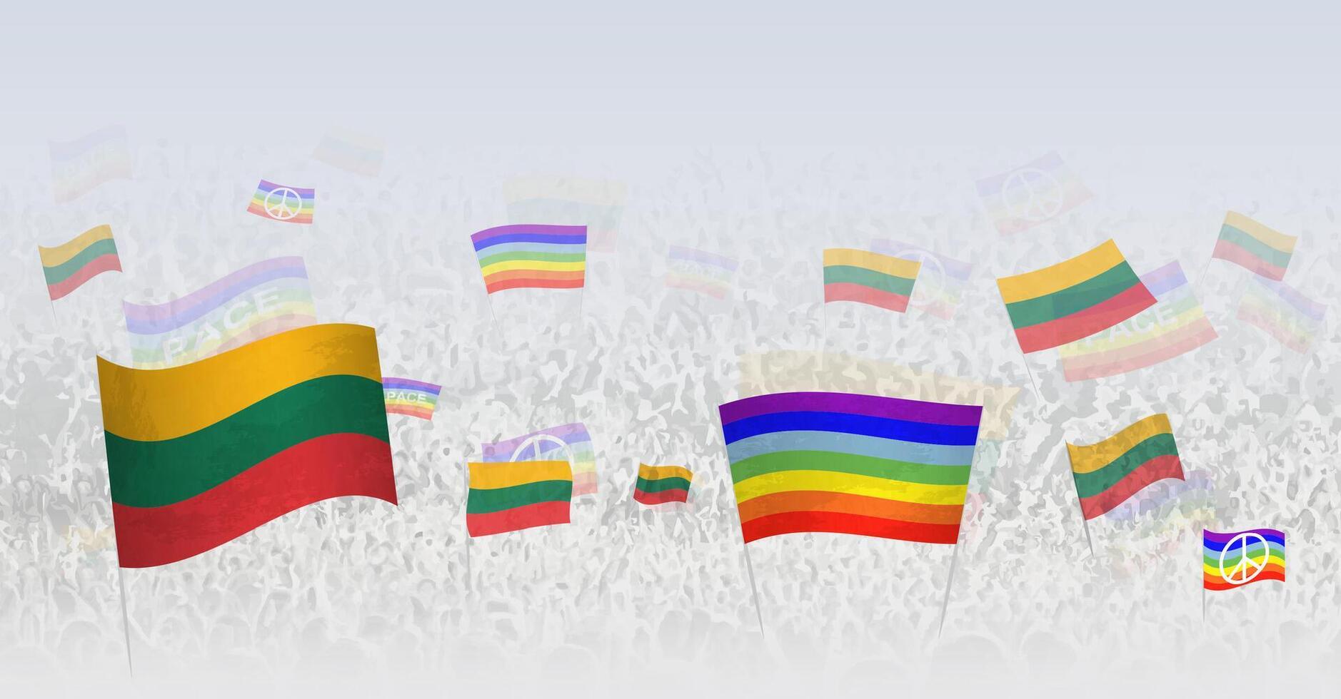 People waving Peace flags and flags of Lithuania. Illustration of throng celebrating or protesting with flag of Lithuania and the peace flag. vector