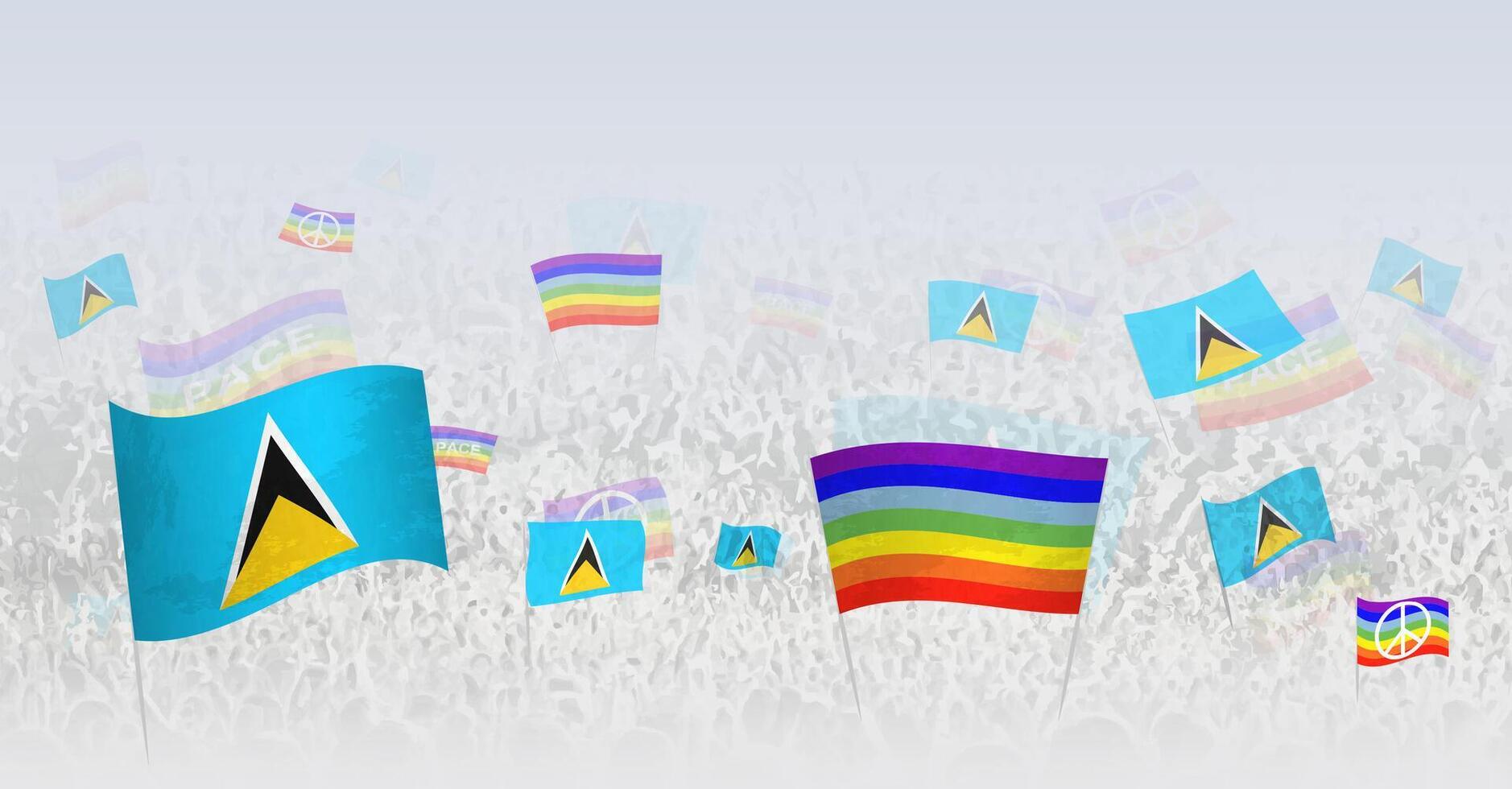 People waving Peace flags and flags of Saint Lucia. Illustration of throng celebrating or protesting with flag of Saint Lucia and the peace flag. vector