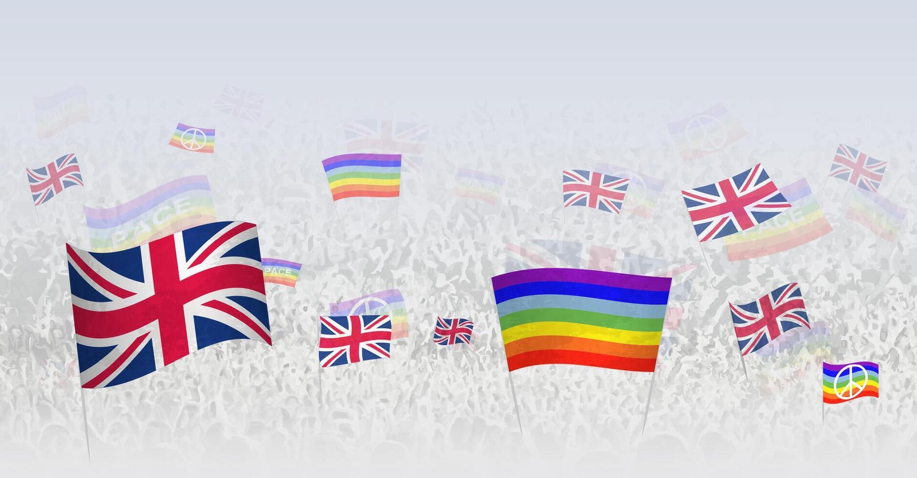 People waving Peace flags and flags of United Kingdom. Illustration of throng celebrating or protesting with flag of United Kingdom and the peace flag. vector