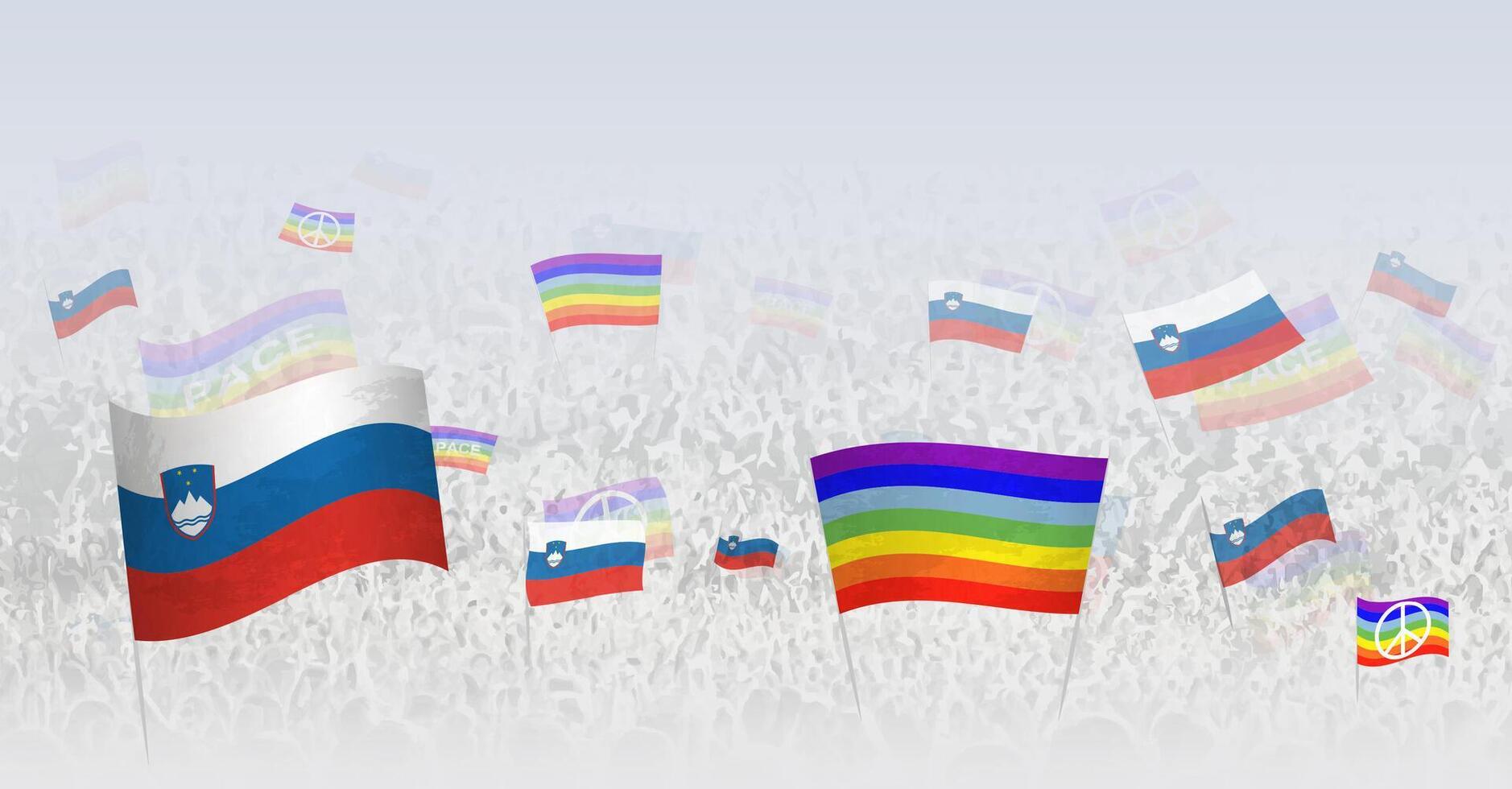 People waving Peace flags and flags of Slovenia. Illustration of throng celebrating or protesting with flag of Slovenia and the peace flag. vector