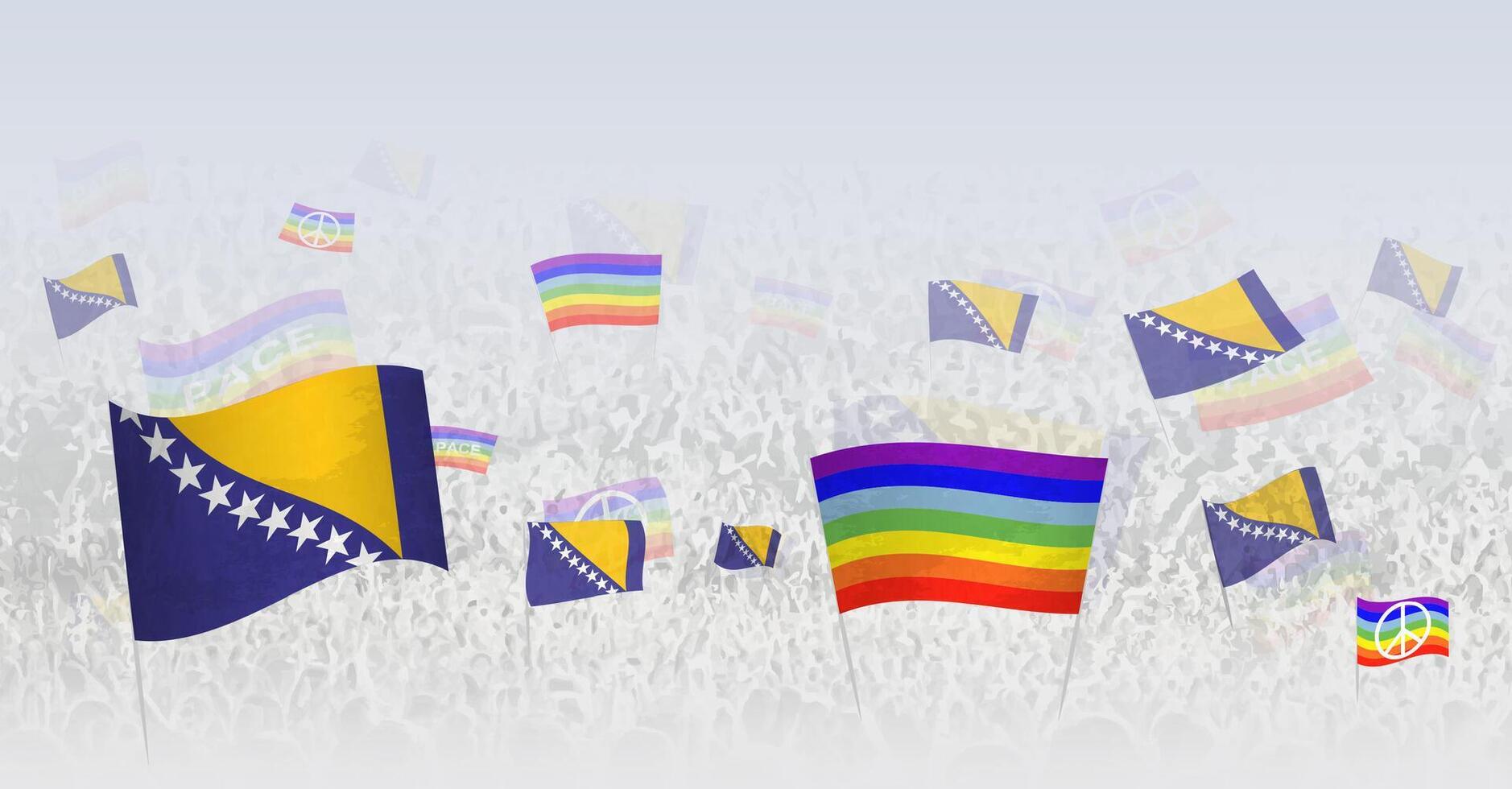 People waving Peace flags and flags of Bosnia and Herzegovina. Illustration of throng celebrating or protesting with flag of Bosnia and Herzegovina and the peace flag. vector