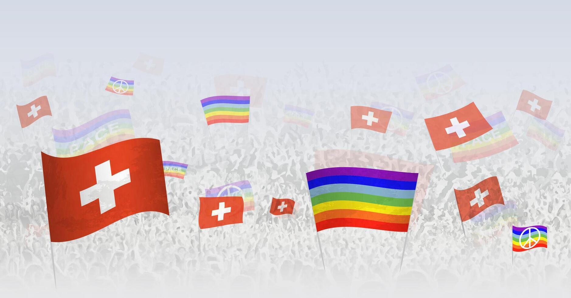 People waving Peace flags and flags of Switzerland. Illustration of throng celebrating or protesting with flag of Switzerland and the peace flag. vector