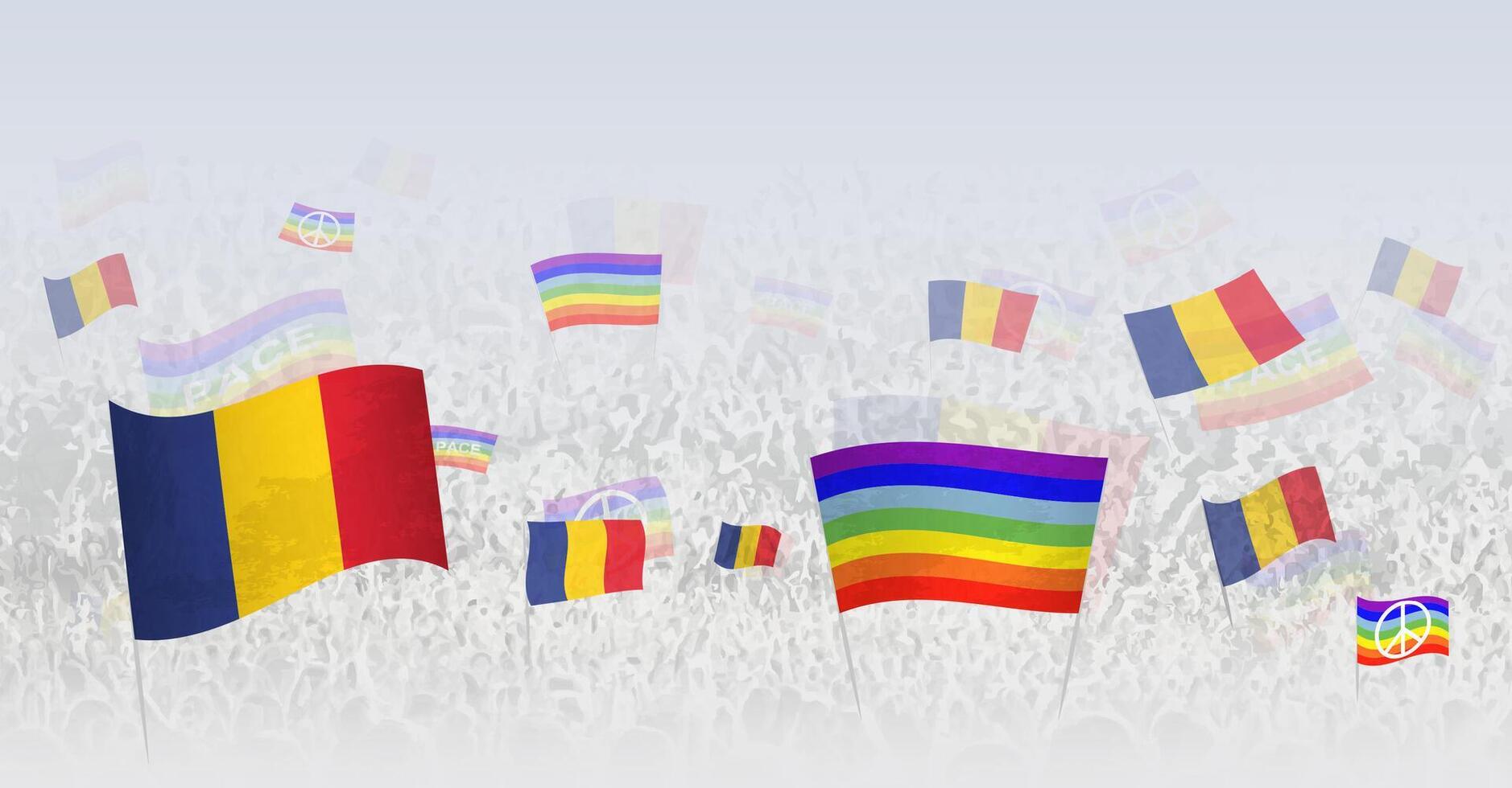 People waving Peace flags and flags of Romania. Illustration of throng celebrating or protesting with flag of Romania and the peace flag. vector