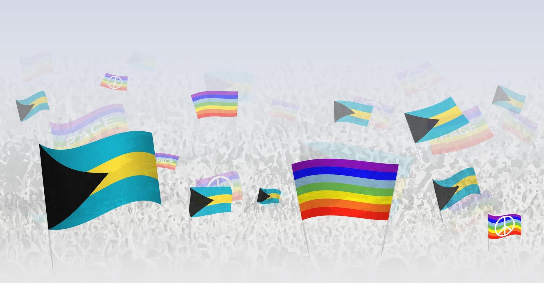 People waving Peace flags and flags of The Bahamas. Illustration of throng celebrating or protesting with flag of The Bahamas and the peace flag. vector
