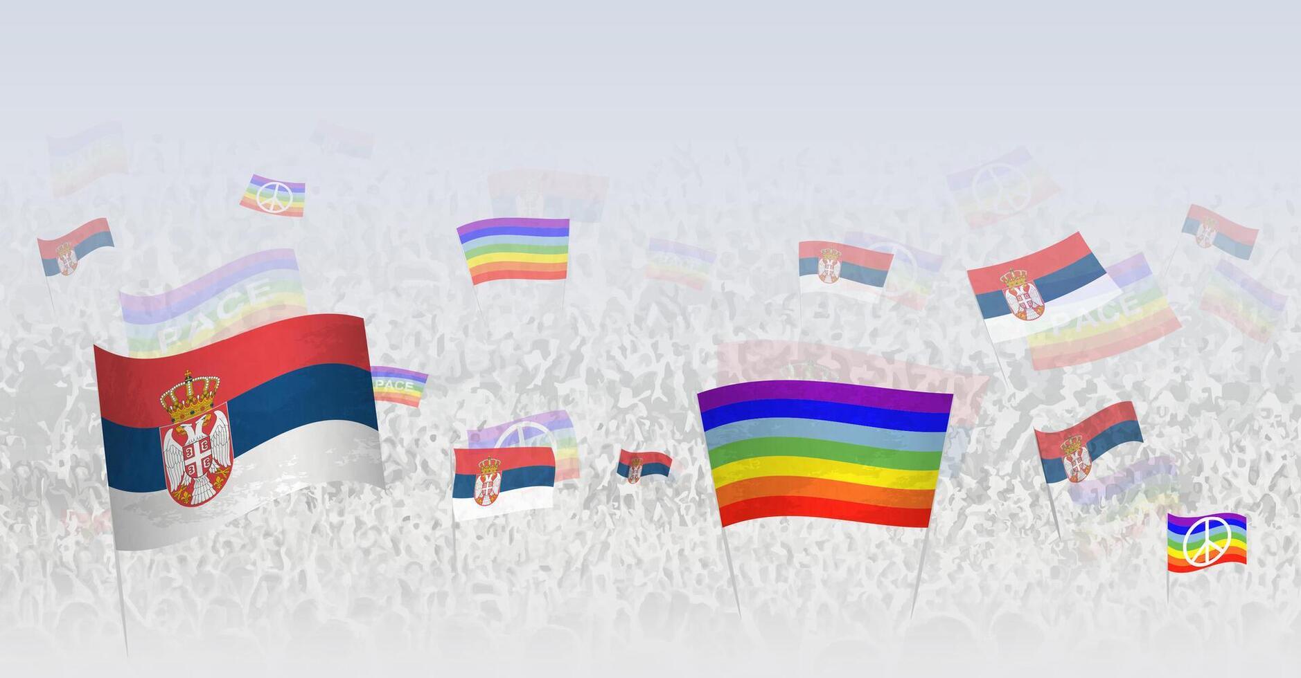 People waving Peace flags and flags of Serbia. Illustration of throng celebrating or protesting with flag of Serbia and the peace flag. vector