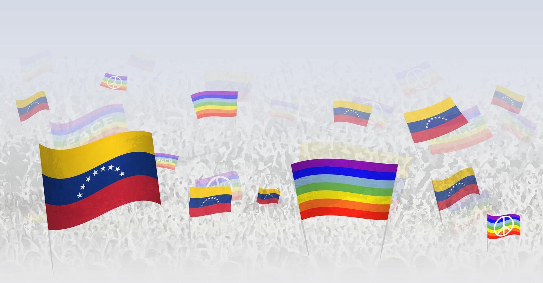 People waving Peace flags and flags of Venezuela. Illustration of throng celebrating or protesting with flag of Venezuela and the peace flag. vector