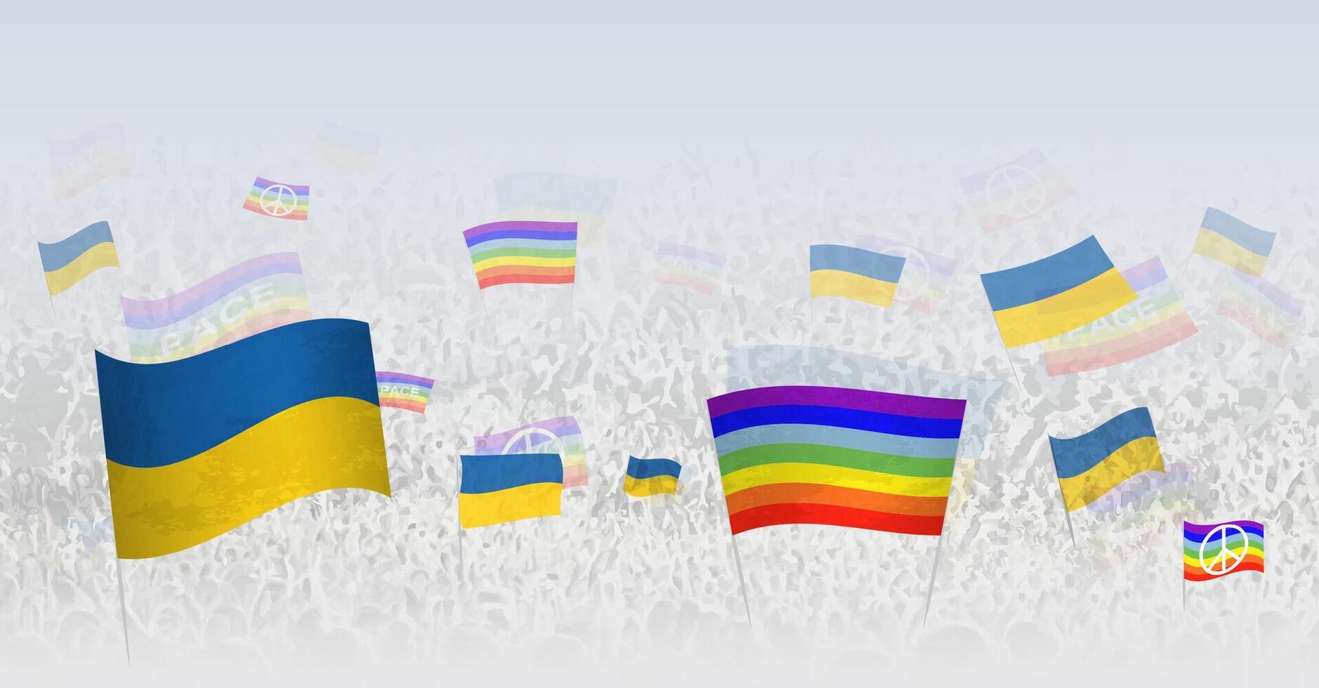 People waving Peace flags and flags of Ukraine. Illustration of throng celebrating or protesting with flag of Ukraine and the peace flag. vector