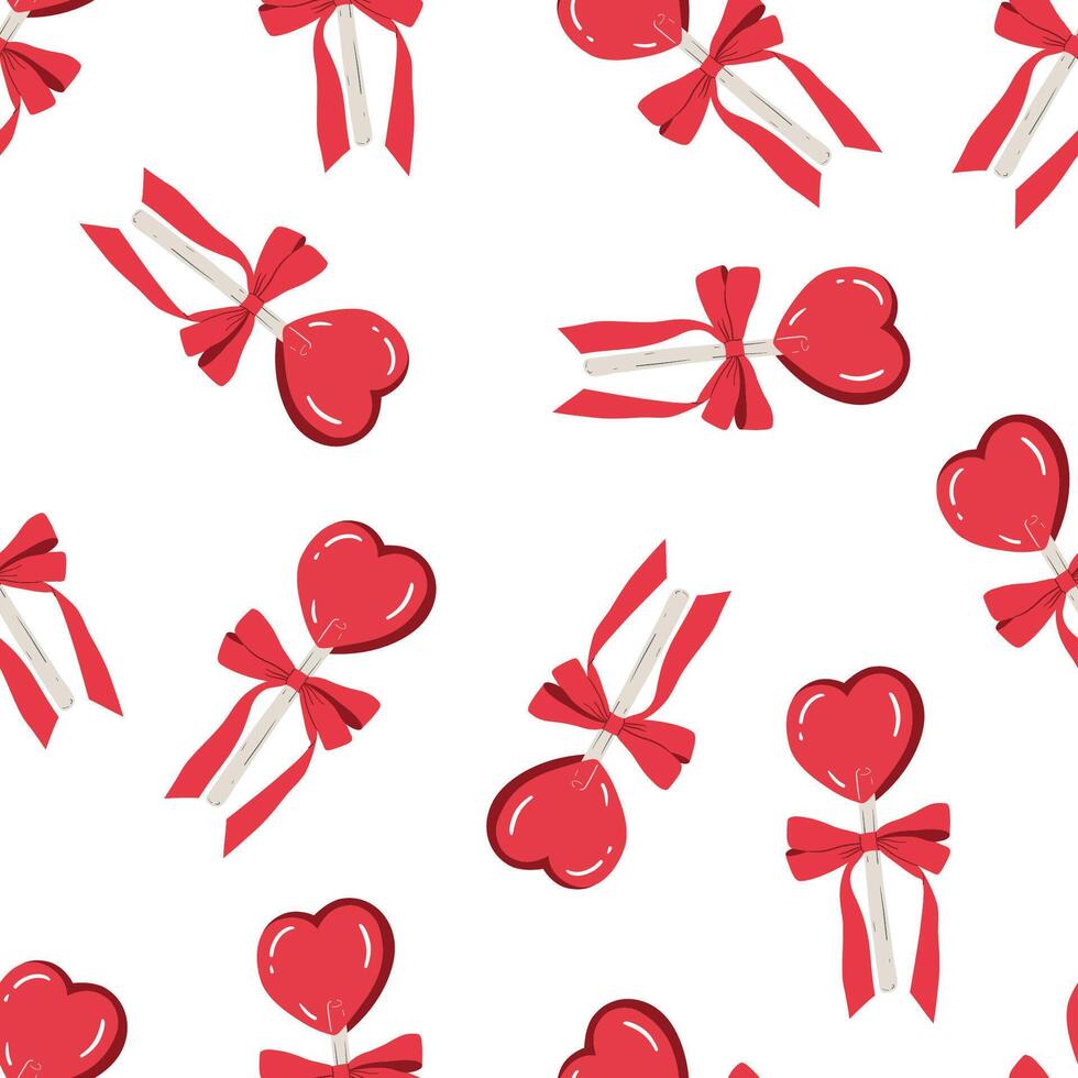 Love candy. Seamless pattern with red heart shaped lollipop and bow. Background for Valentines Day and romantic holidays. Hand drawn illustration vector