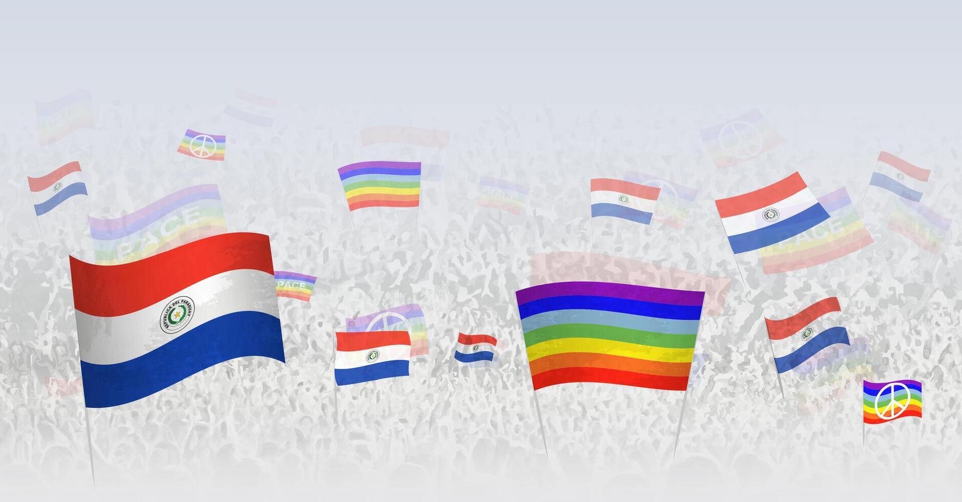 People waving Peace flags and flags of Paraguay. Illustration of throng celebrating or protesting with flag of Paraguay and the peace flag. vector