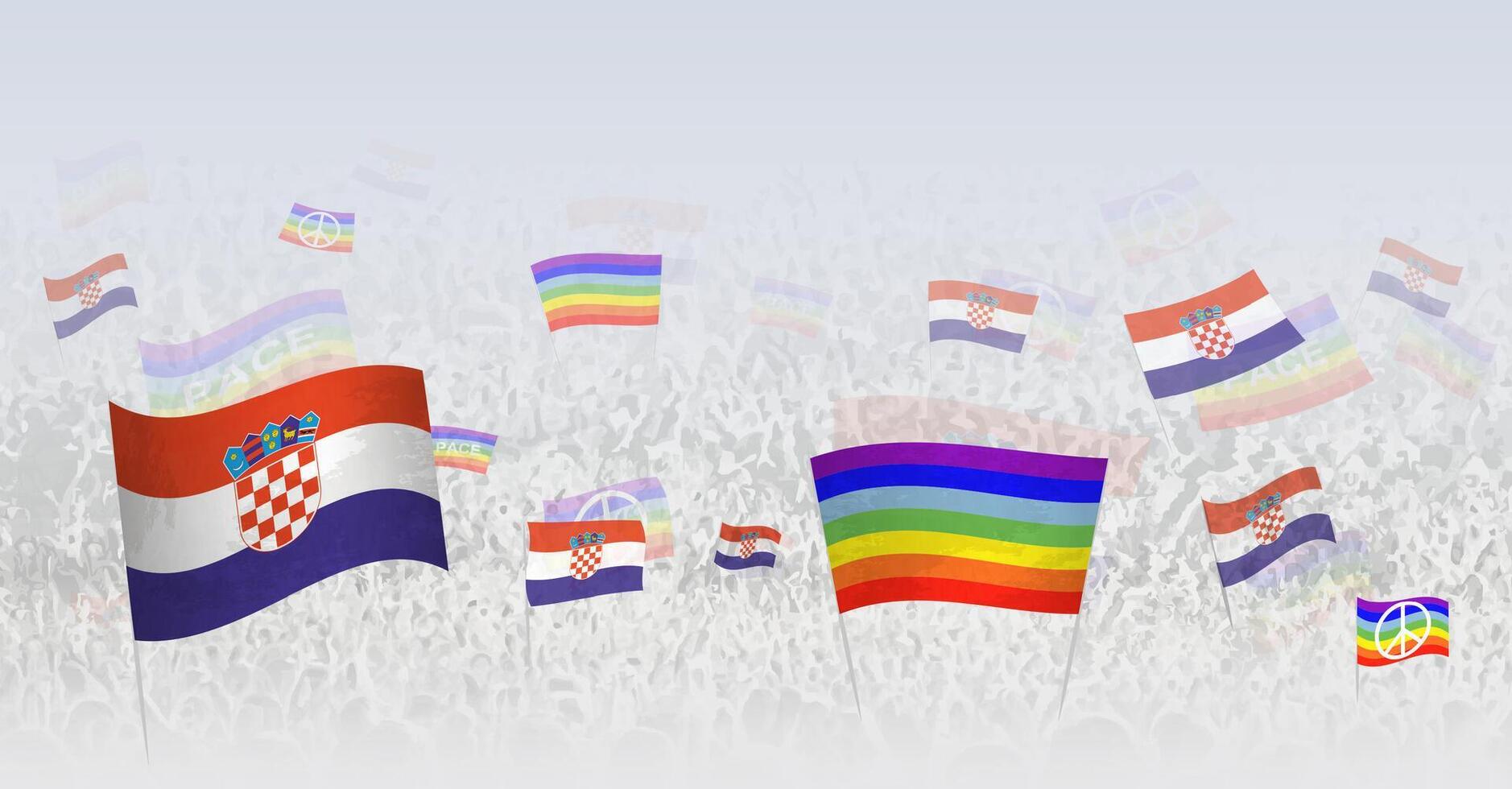 People waving Peace flags and flags of Croatia. Illustration of throng celebrating or protesting with flag of Croatia and the peace flag. vector