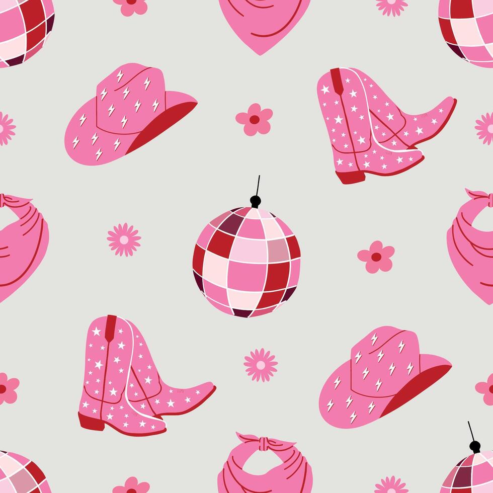 Seamless pattern with cowboy elements. Cowgirl boots and hat, bandana, disco ball. Wild west, western retro design. Pink background. Hand drawn illustration vector