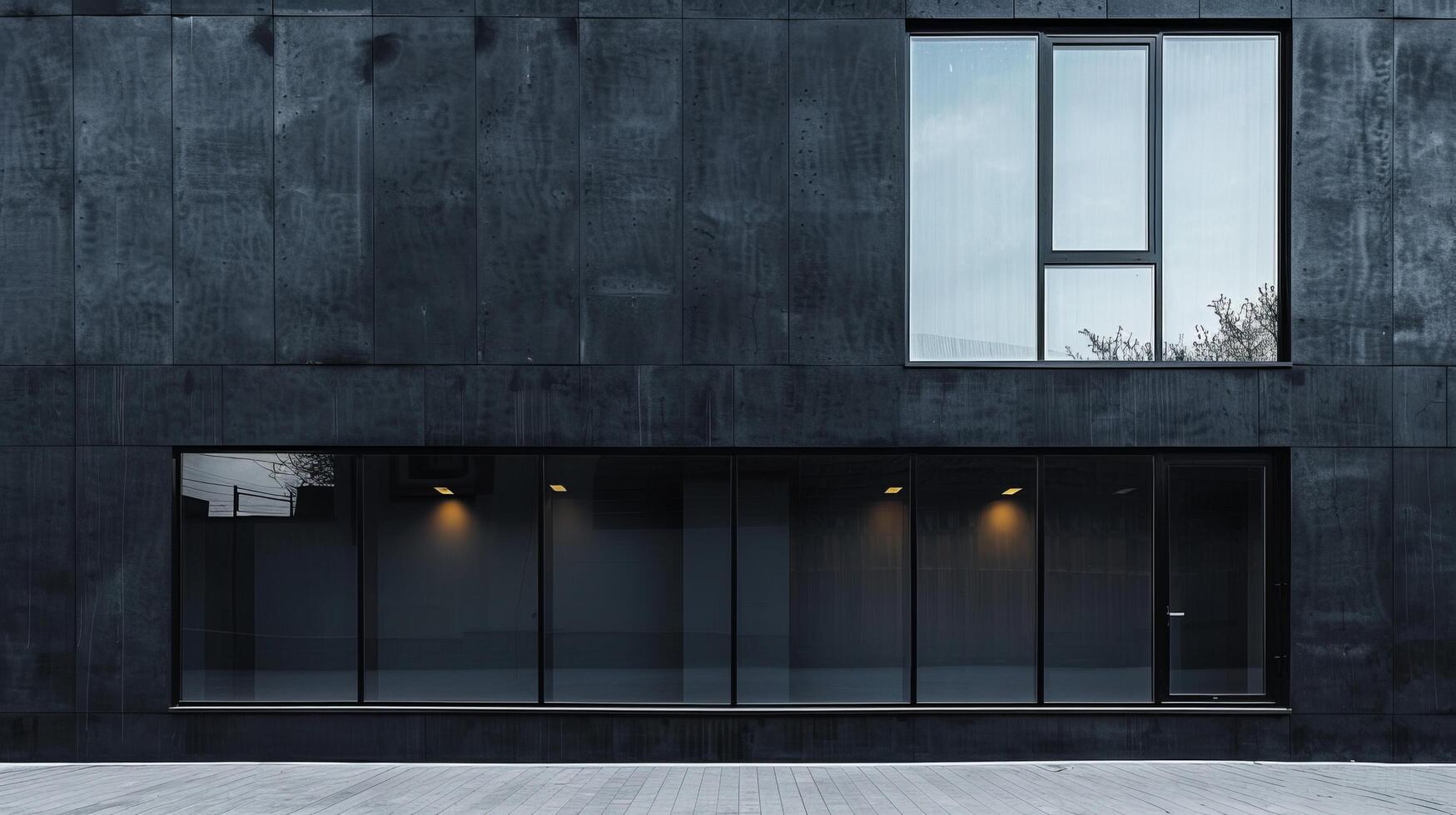 a black building with windows and a door photo
