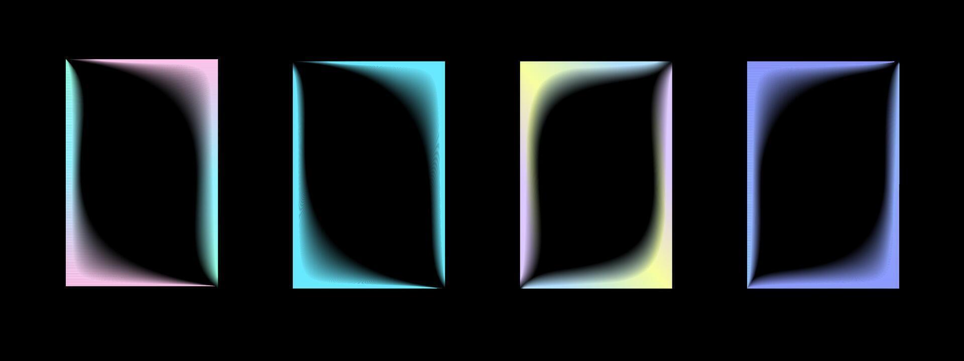 Collection of transparent rectangular gradient frames with wavy inner borders. Set of retro frames with blur. illustration on black background vector