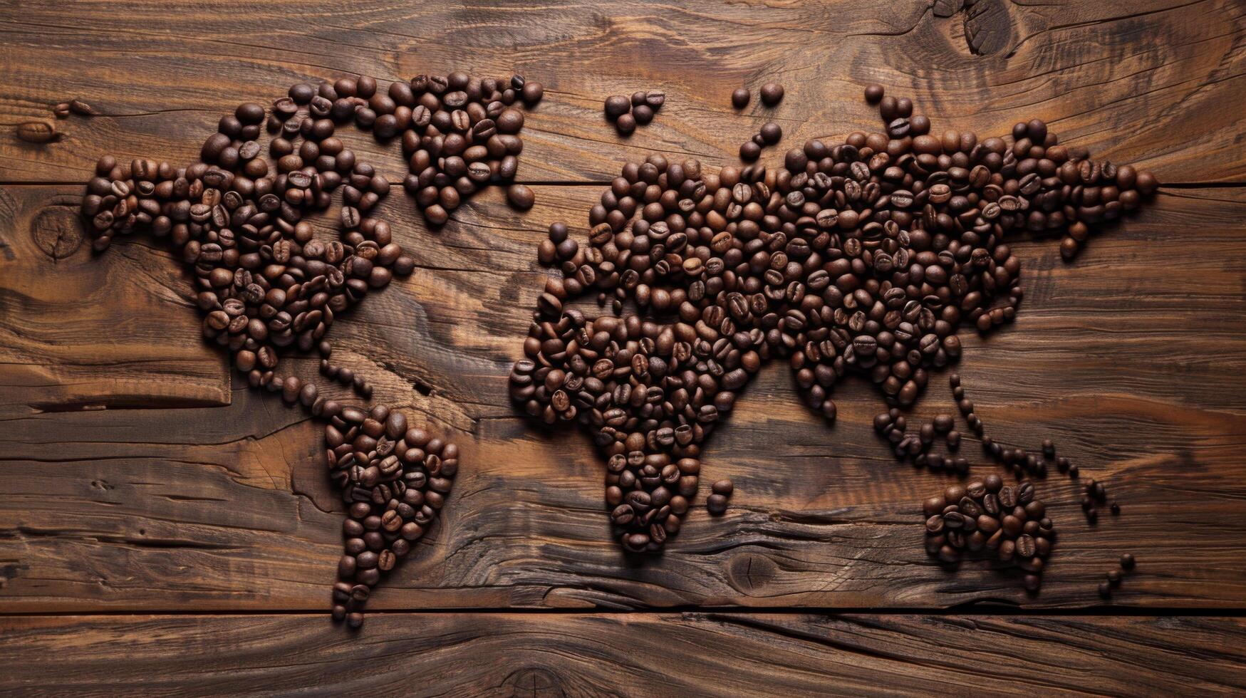 coffee beans on a wooden table with a world map photo