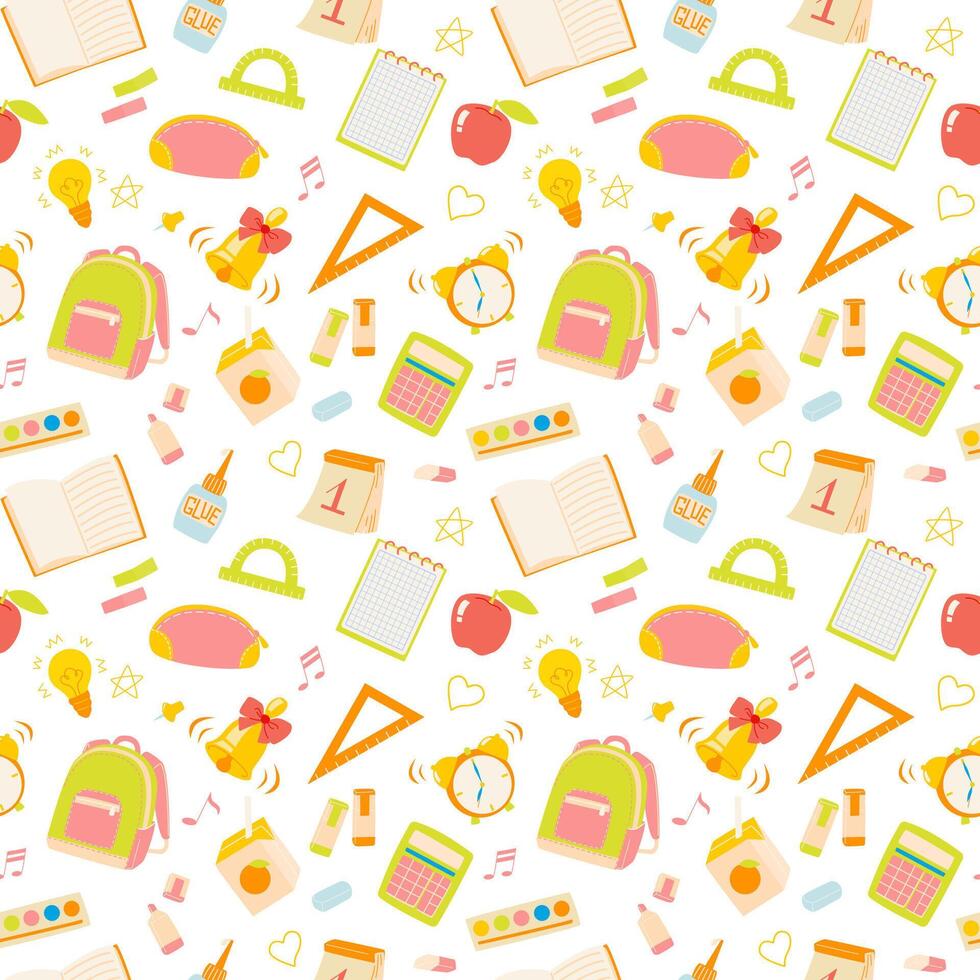 Back to school seamless pattern with bright colorful illustrations of school supplies backpack, lunchbox, alarm, book. Background vector