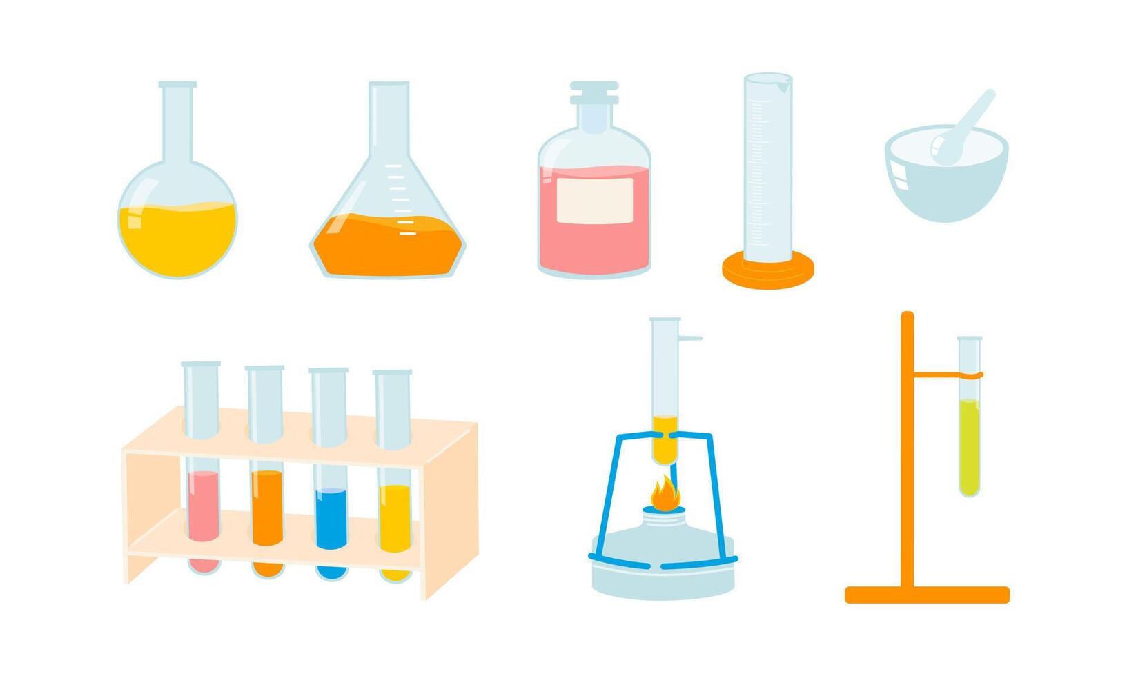Back to school set with supplies illustrations for chemistry lessons test tubes, bunsen burner, beaker, graduated cylinder. Colorful elements for school laboratory and science school subject vector