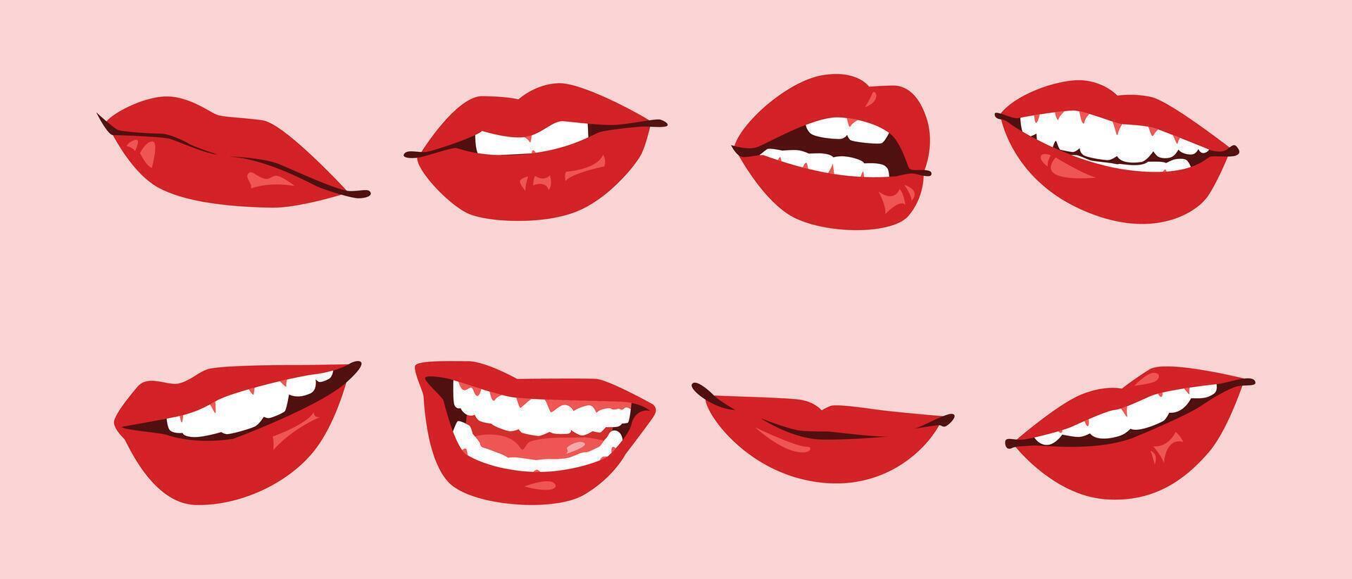 set of sexy woman's lips with red lipstick, white teeth, and tongue out. mouth icon. flat illustration. vector