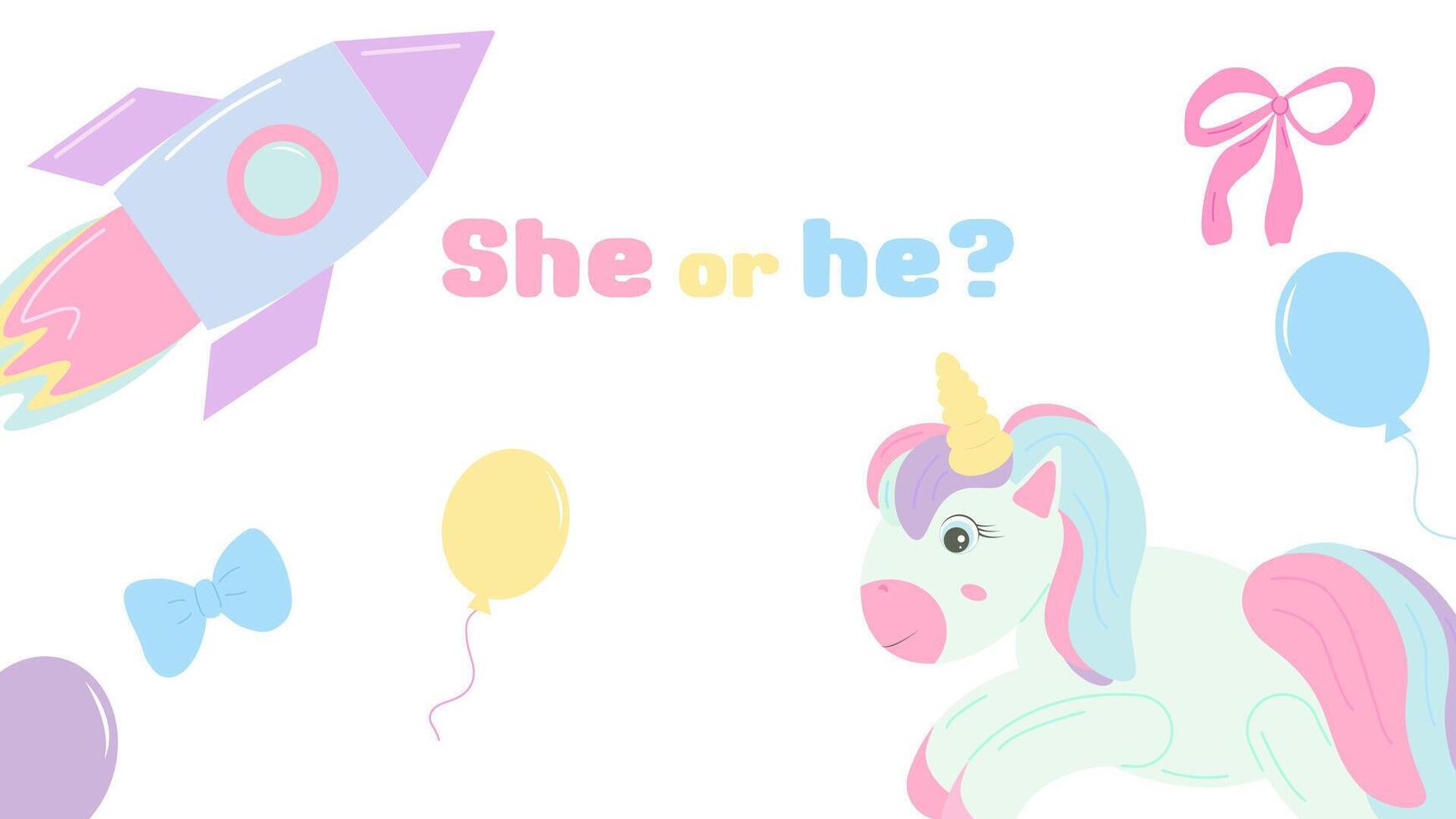Gender party banner postcard boy or girl. Unicorn rocket and balloons. Baby shower invitation template. illustration. vector
