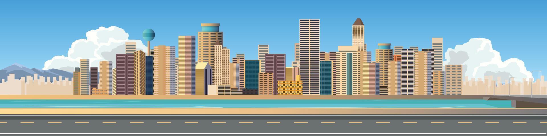 Horizontal view of Asphalt road. Background of city skyline with skyscrapers. Road that cuts through skyscrapers with a river in between. Bridge across the river with light poles. vector