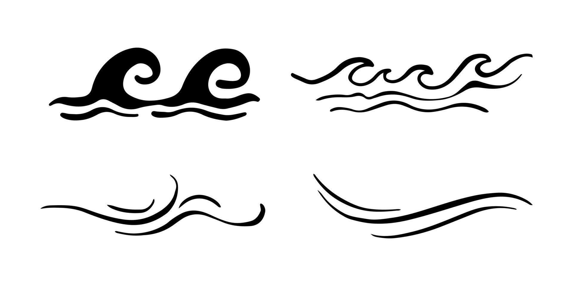 Doodle sea wave icons. Hand drawn simple wavy lines. Sea storm scribble icons set. Ocean water flow curve sketch. Aqua doodle symbols. illustration isolated on white background. vector