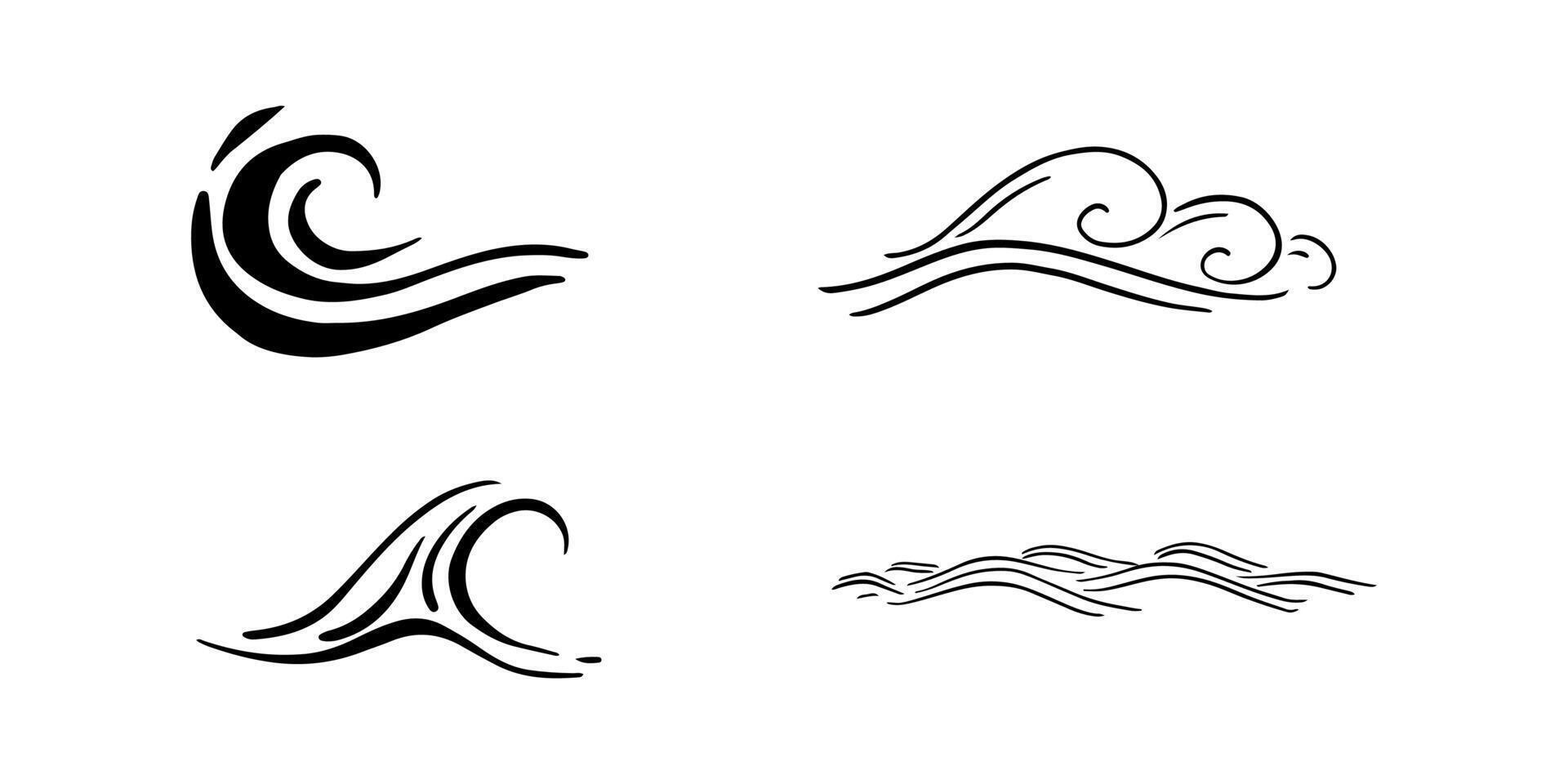 Doodle sea wave icons. Hand drawn simple wavy lines. Sea storm scribble icons set. Ocean water flow curve sketch. Aqua doodle symbols. illustration isolated on white background. vector