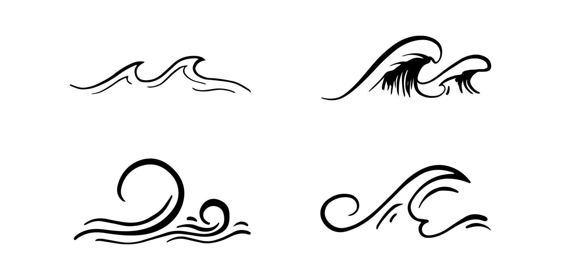 Doodle sea wave icons. Hand drawn simple wavy lines. Sea storm scribble icons set. Ocean water flow curve sketch. Aqua doodle symbols. illustration isolated on white background. vector
