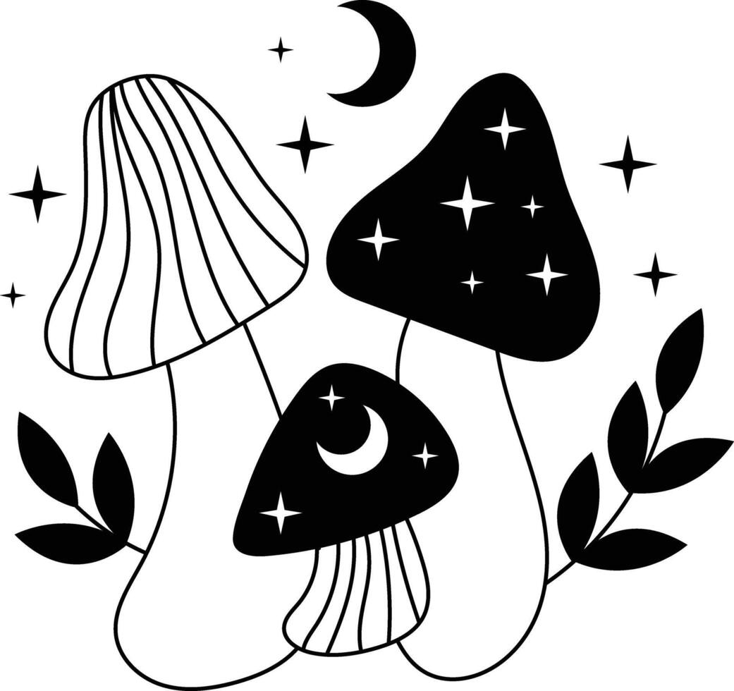 Hand Drawn Celestial Magic Mushroom on White Background. Isolated Illustration. vector