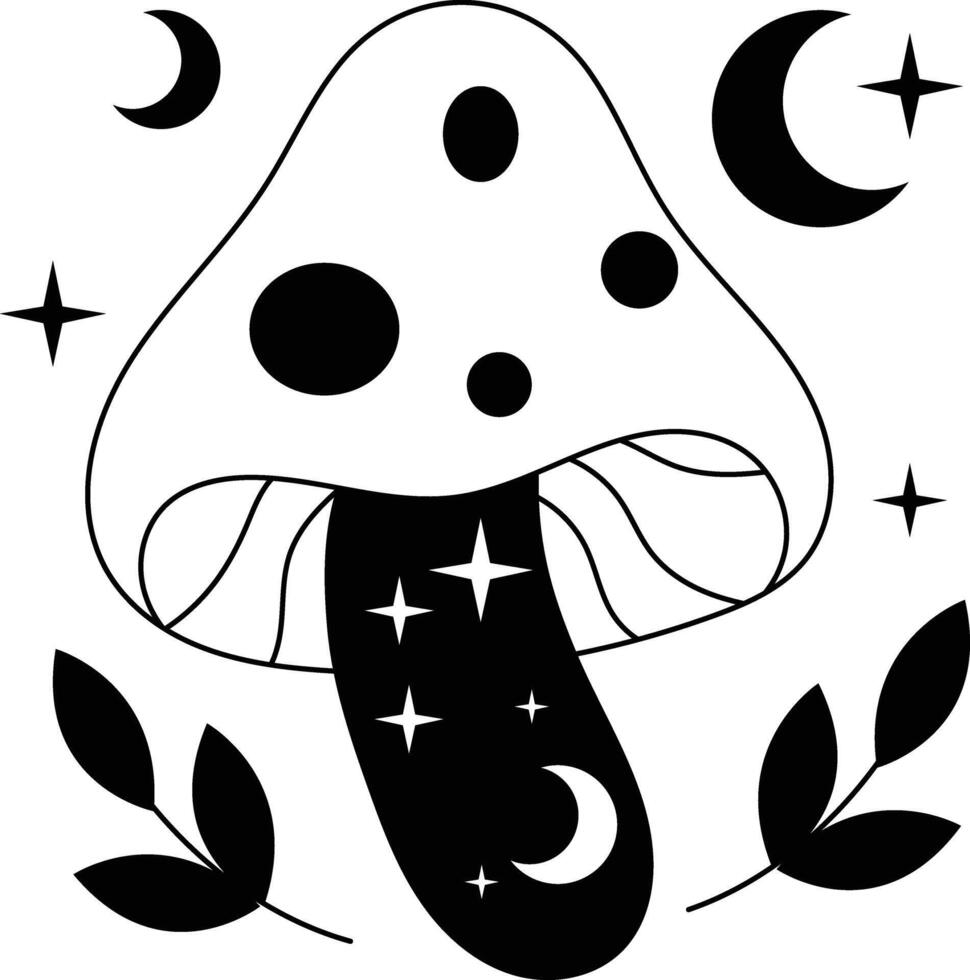 Hand Drawn Celestial Magic Mushroom on White Background. Isolated Illustration. vector