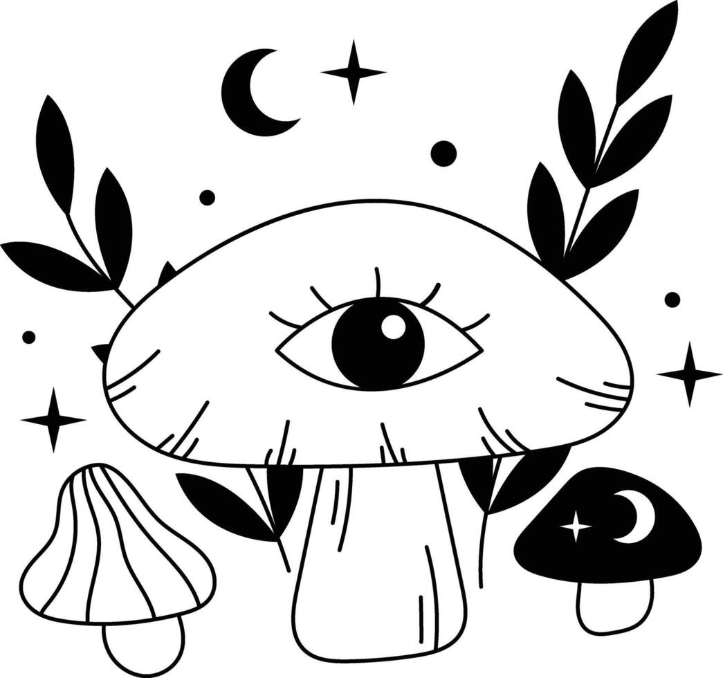 Hand Drawn Celestial Magic Mushroom on White Background. Isolated Illustration. vector