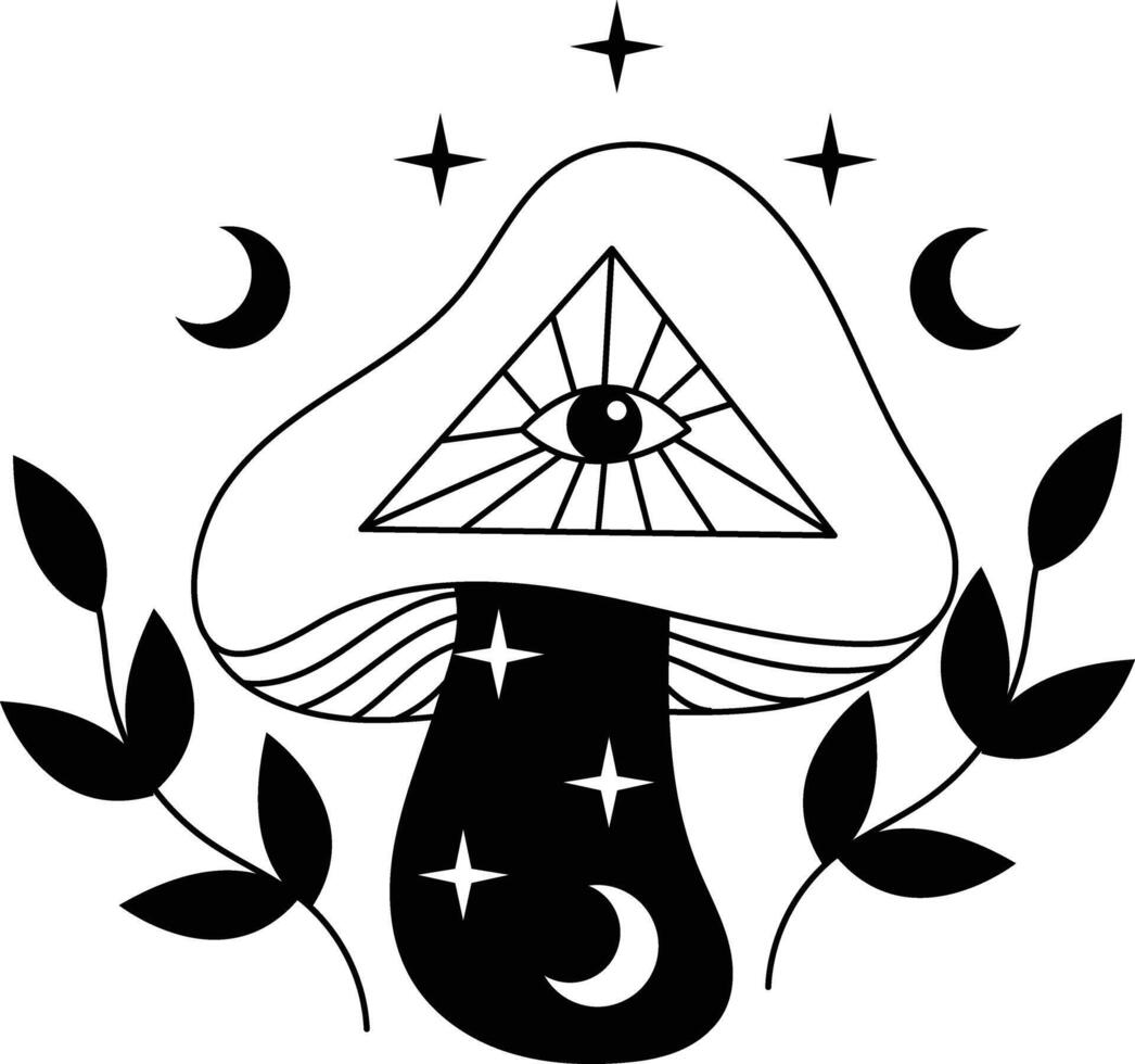 Hand Drawn Celestial Magic Mushroom on White Background. Isolated Illustration. vector