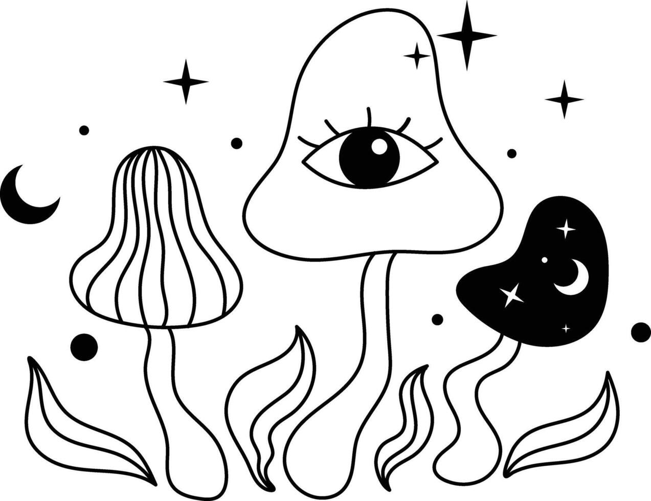 Hand Drawn Celestial Magic Mushroom on White Background. Isolated Illustration. vector
