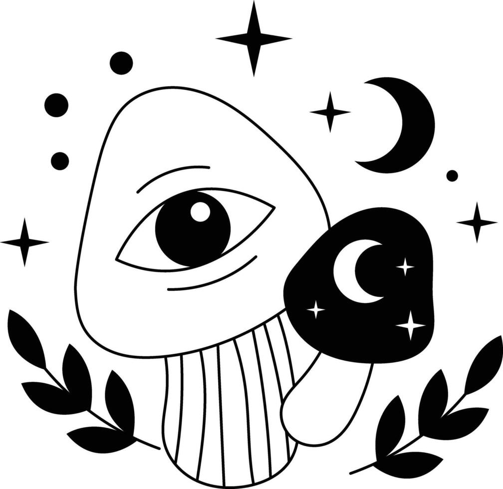 Hand Drawn Celestial Magic Mushroom on White Background. Isolated Illustration. vector