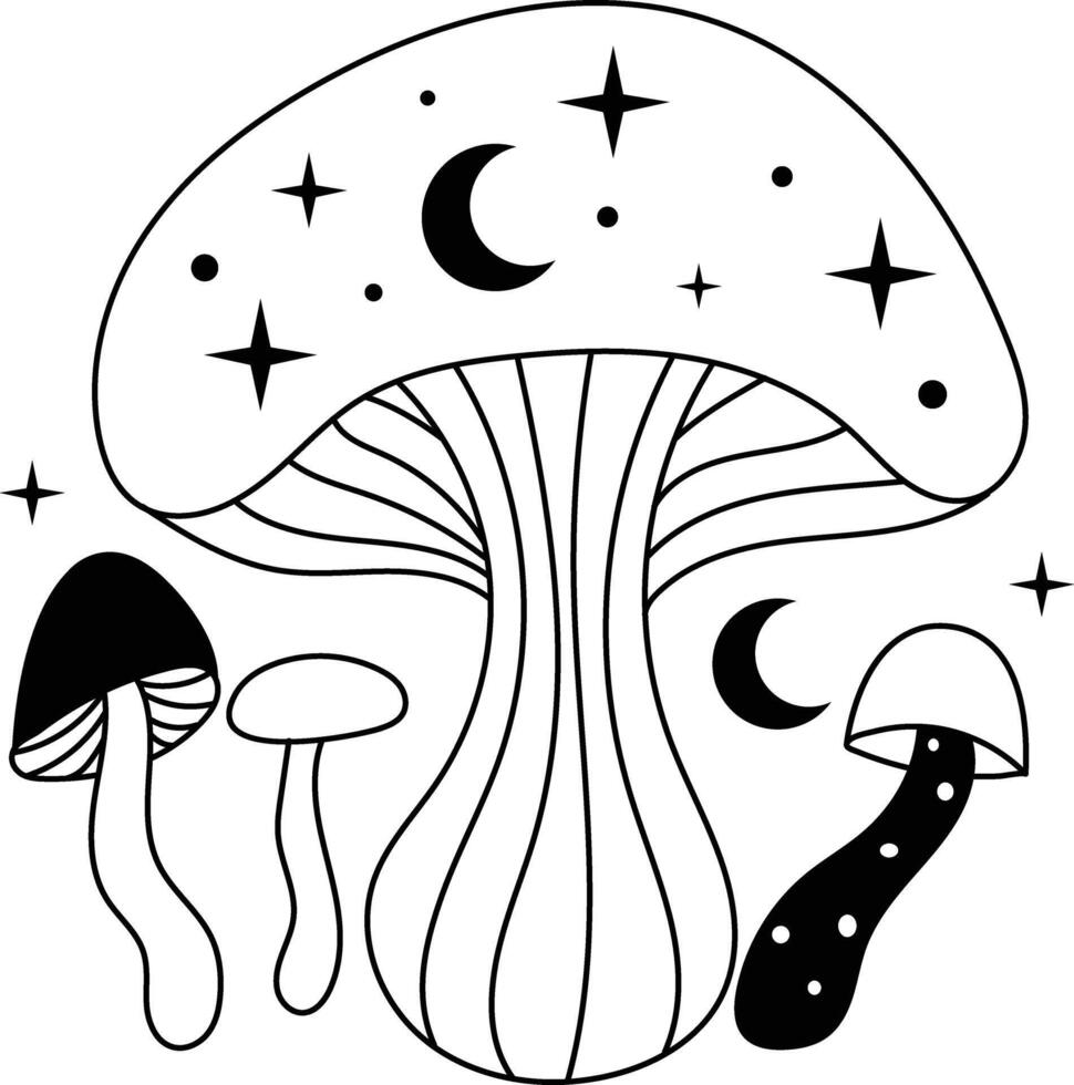Hand Drawn Celestial Magic Mushroom on White Background. Isolated Illustration. vector