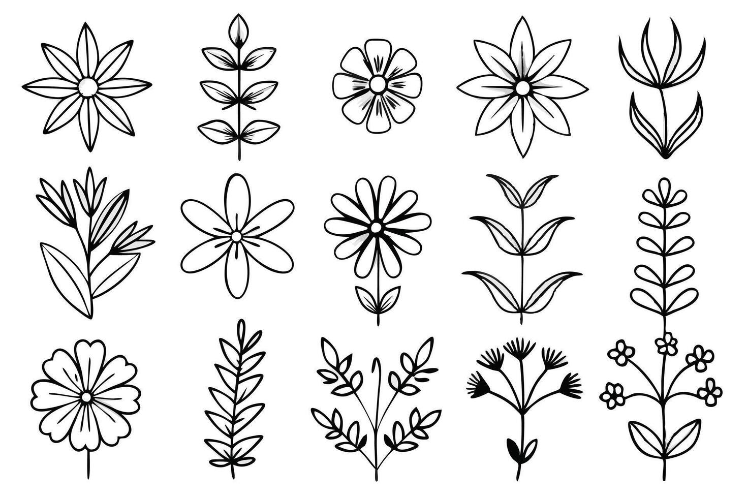 Elegant Set of hand draw silhouette flower Line Art . vector