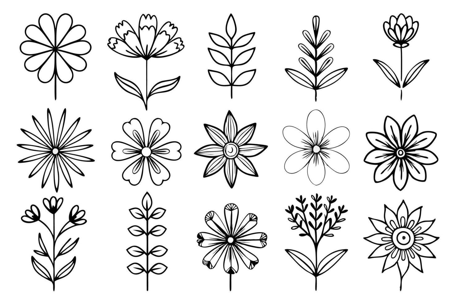Elegant Set of hand draw silhouette flower Line Art . vector