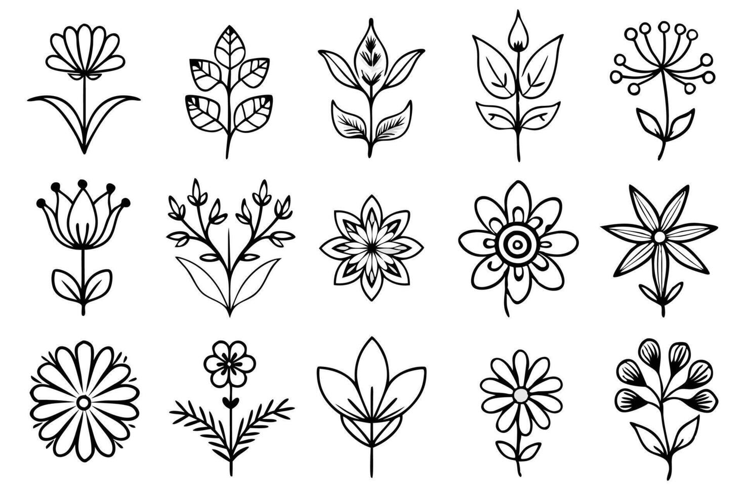 Elegant Set of hand draw silhouette flower Line Art . vector