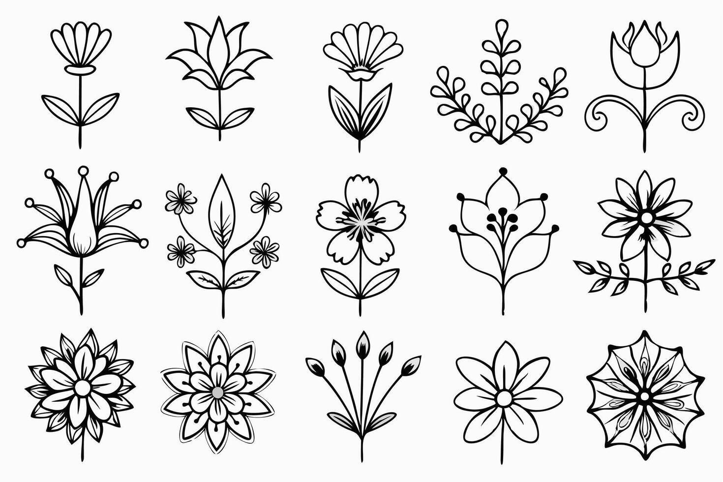 Elegant Set of hand draw silhouette flower Line Art . vector