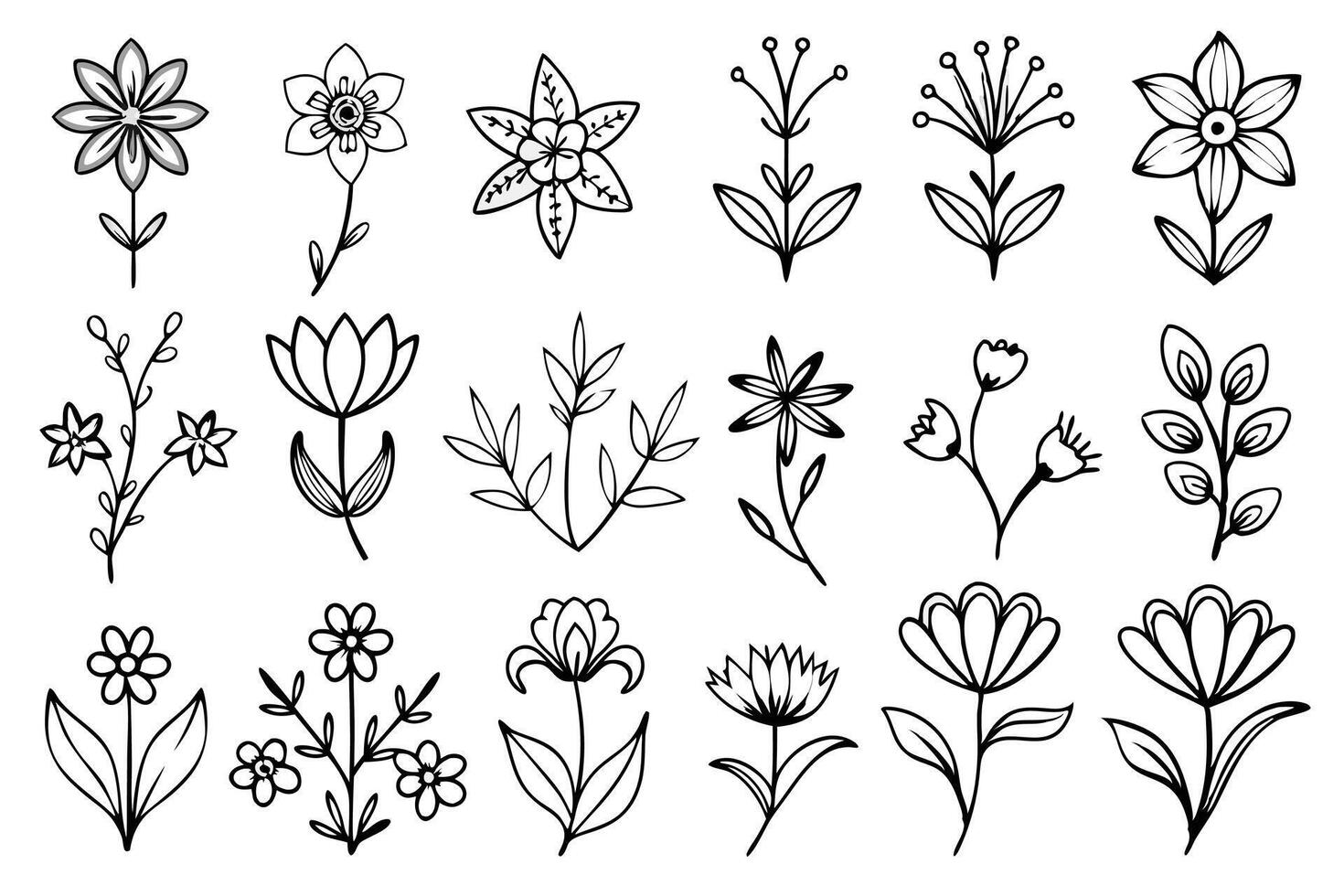 Elegant Set of hand draw silhouette flower Line Art . vector