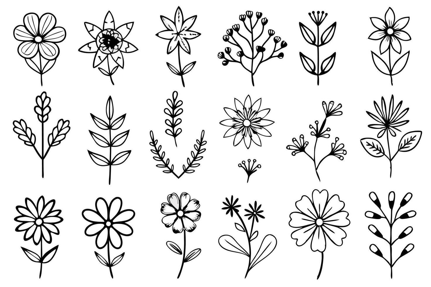 Elegant Set of hand draw silhouette flower Line Art . vector
