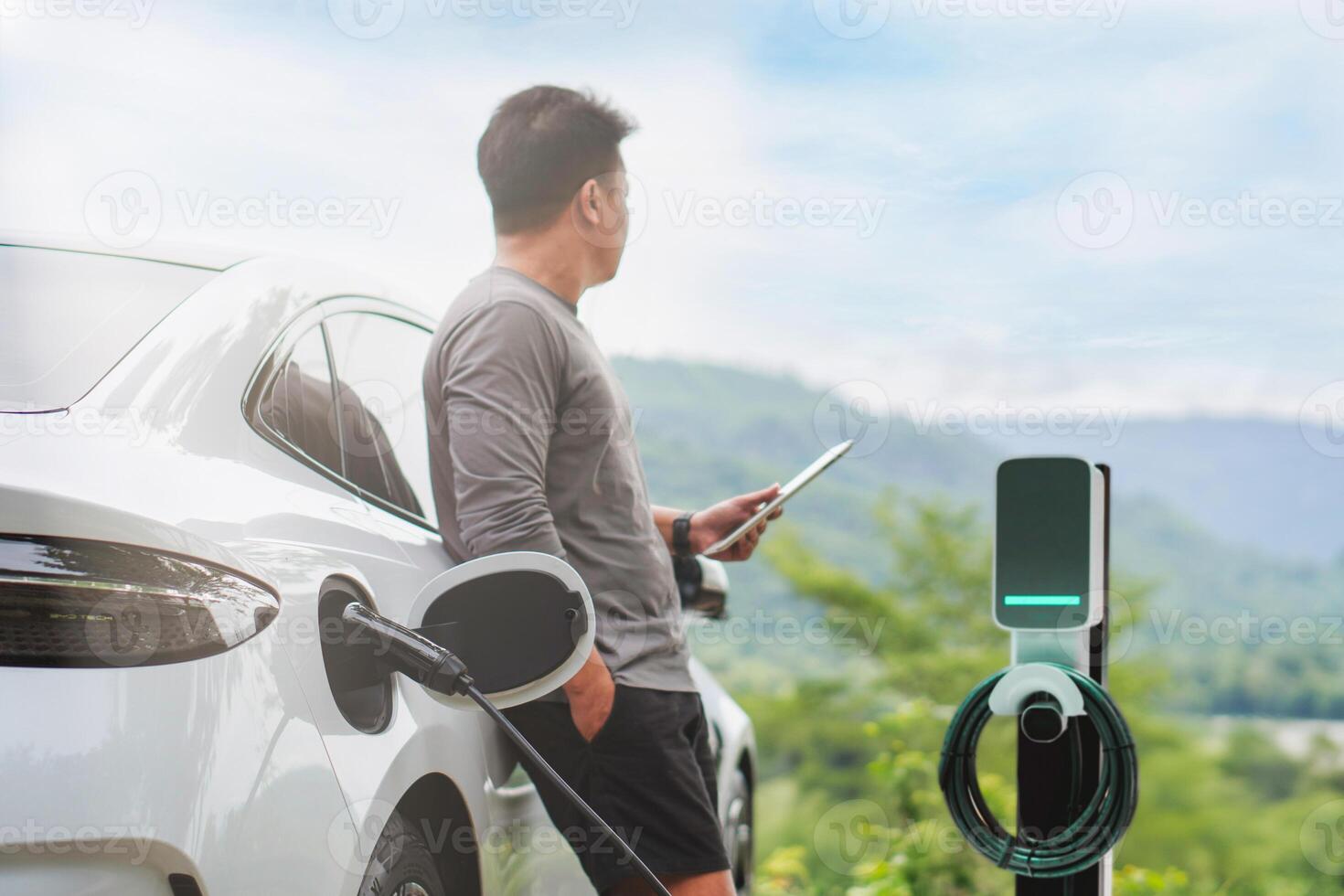 ev charging station for electric car in concept of green energy and eco power produced from sustainable source to supply to charger station in order to reduce co2 emission photo