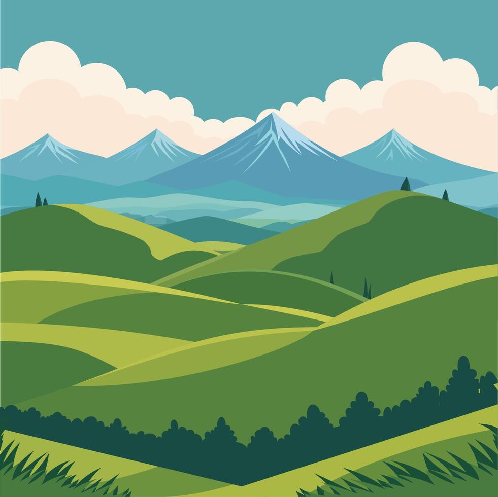 Cartoon landscape with hills and mountains illustration vector