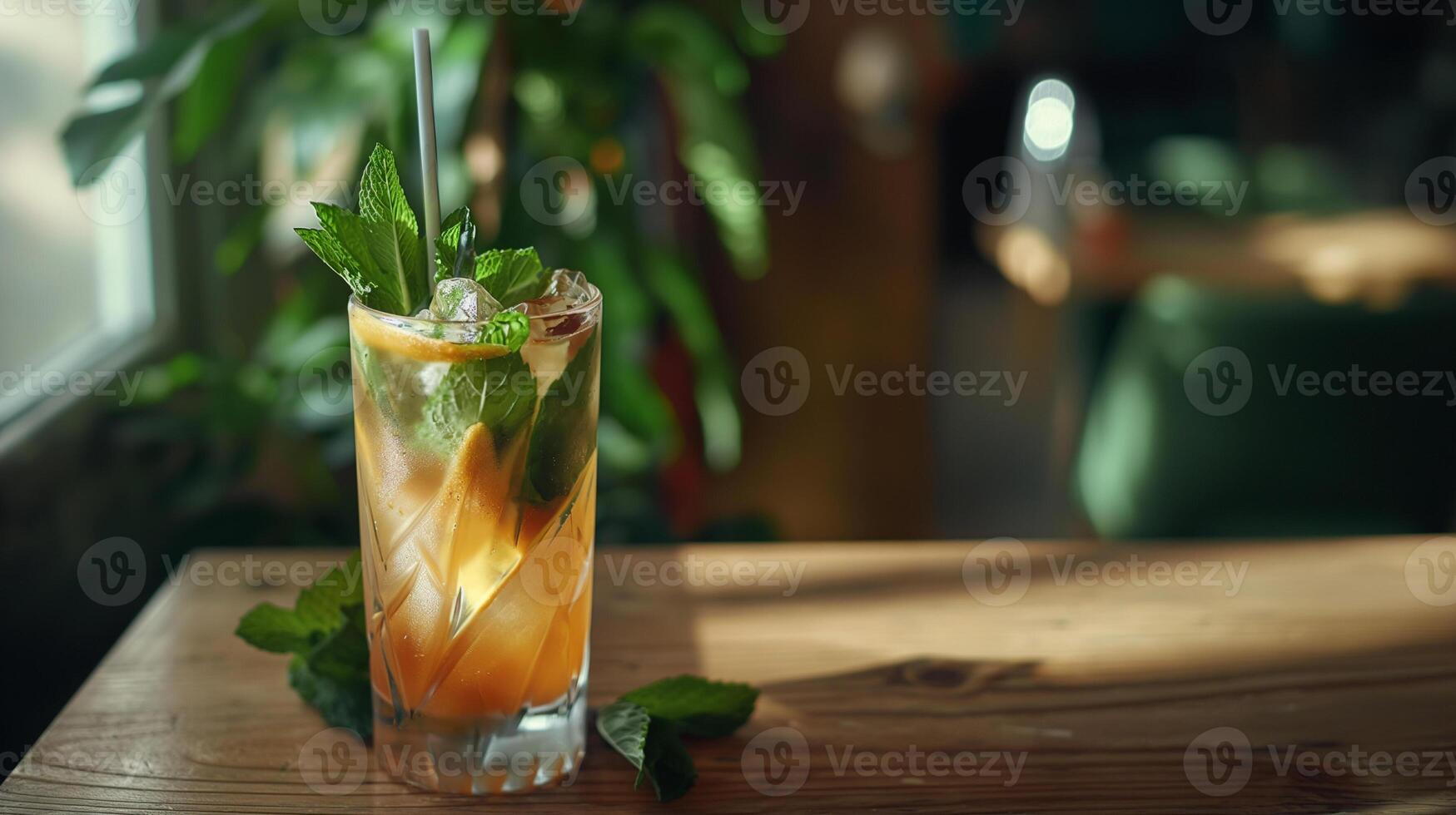 Multicolored bright cocktail with straw in a glass close up with ice cube and mint photo