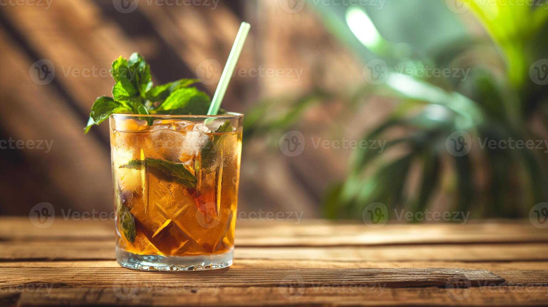 Multicolored bright cocktail with straw in a glass close up with ice cube and mint photo