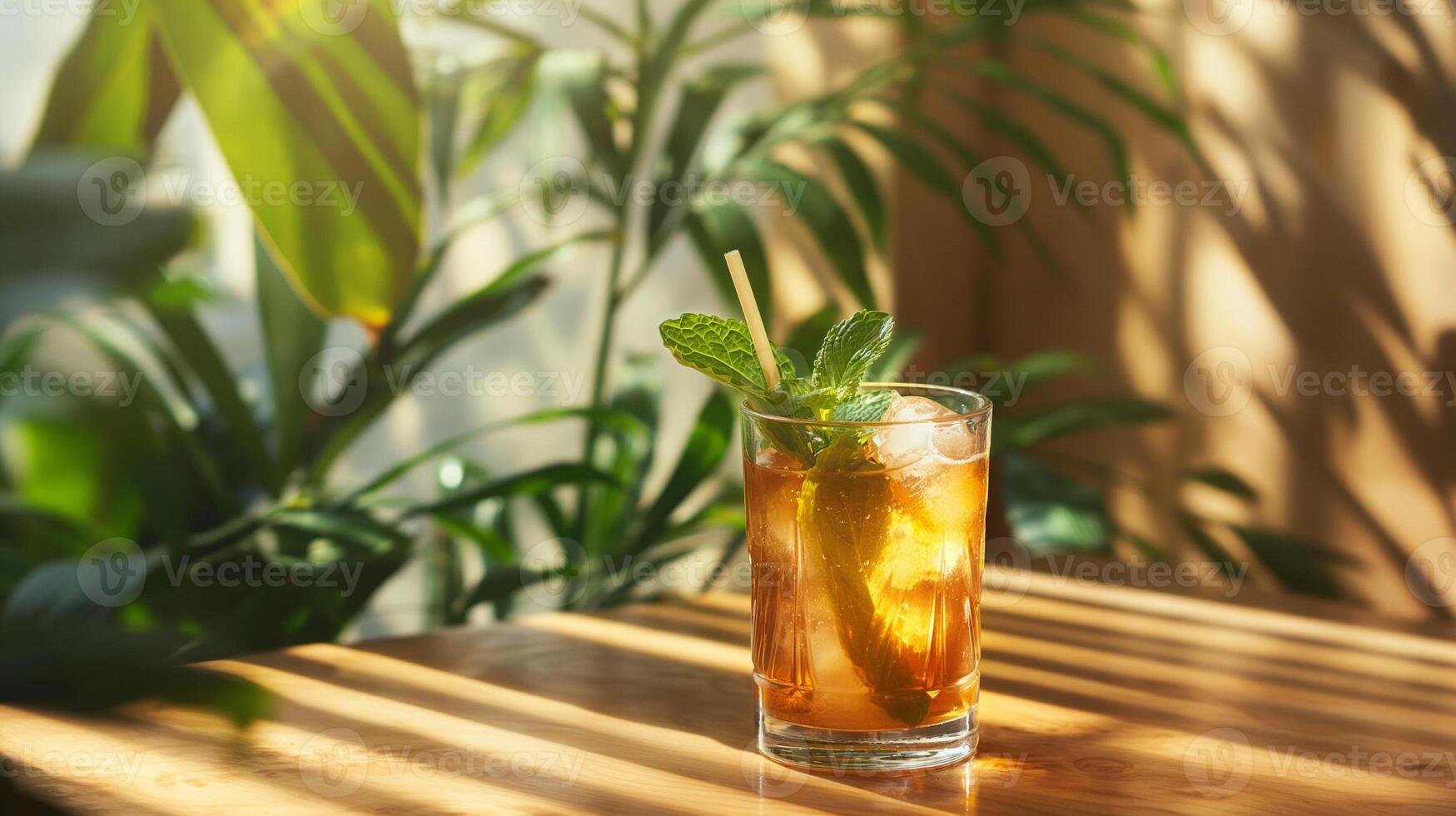 Multicolored bright cocktail with straw in a glass close up with ice cube and mint photo