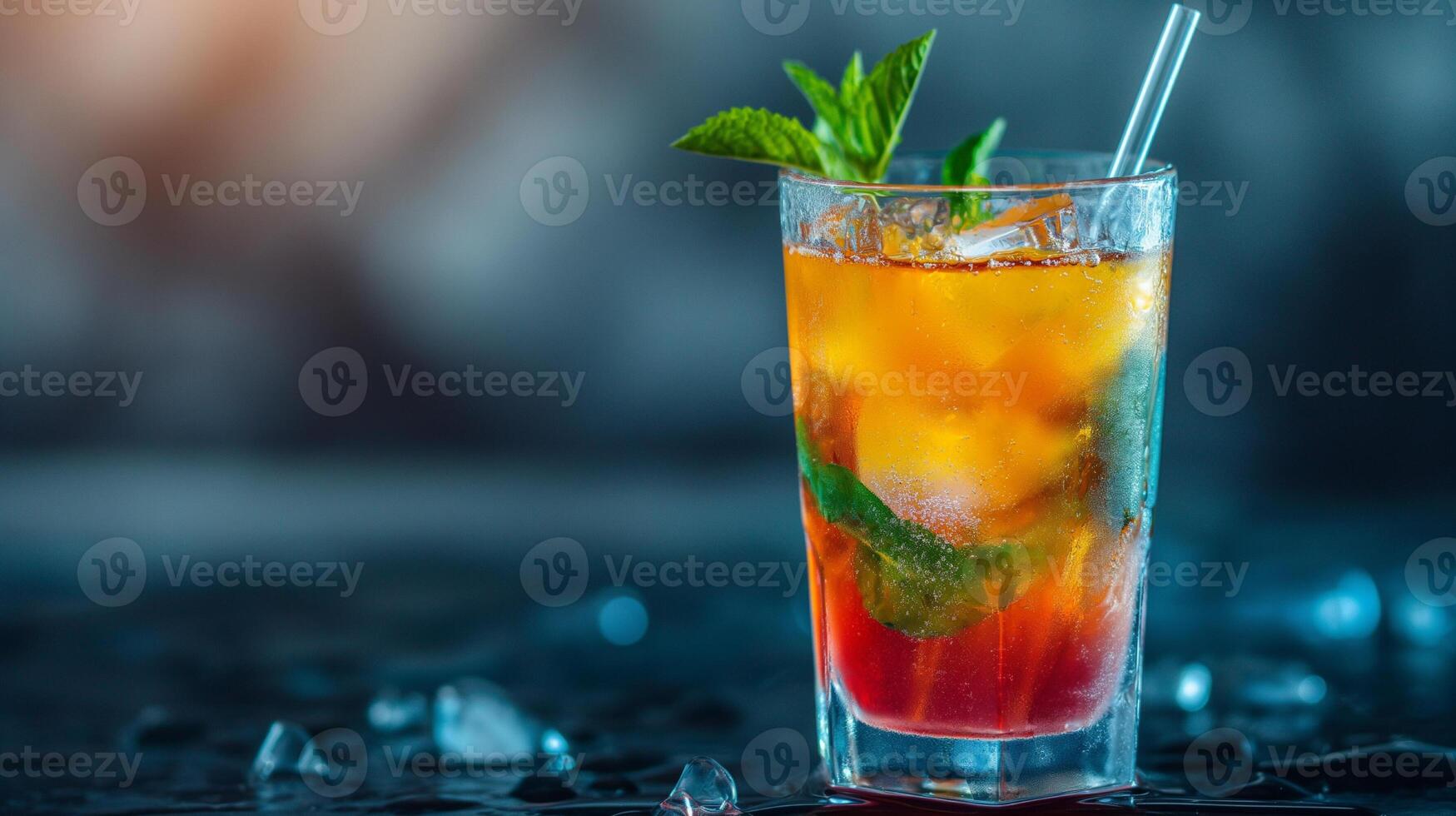 Multicolored bright cocktail with straw in a glass close up with ice cube and mint photo