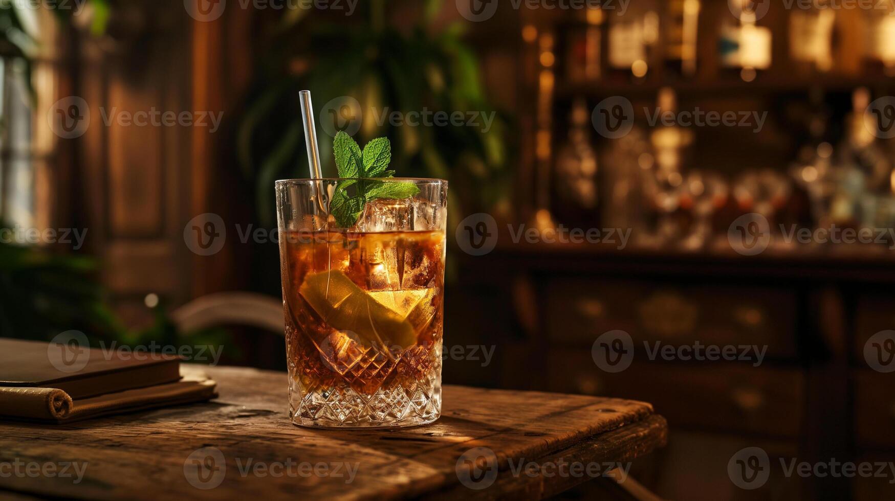 Multicolored bright cocktail with straw in a glass close up with ice cube and mint photo