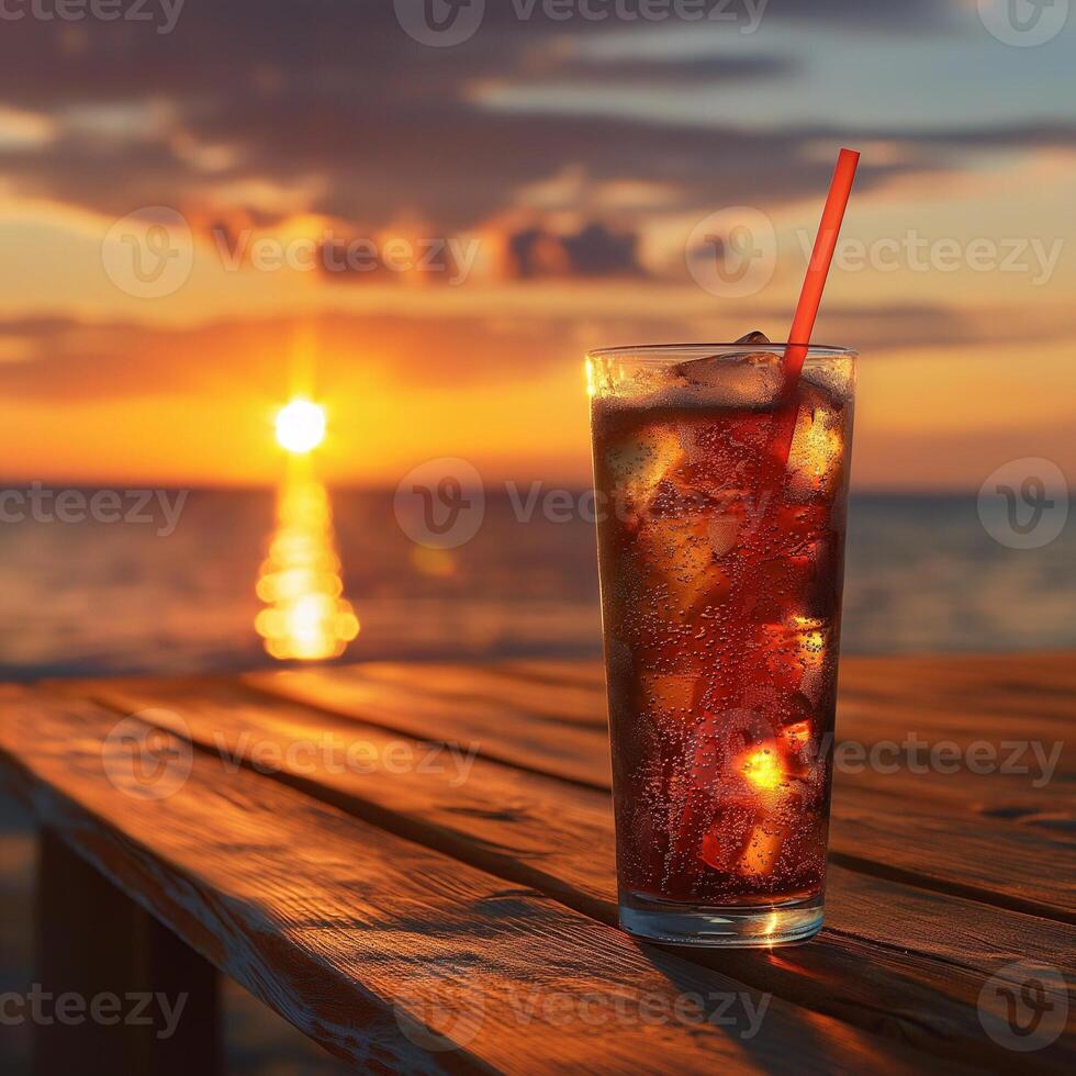 Multicolored bright cocktail with straw in a glass close up with ice cube and mint photo